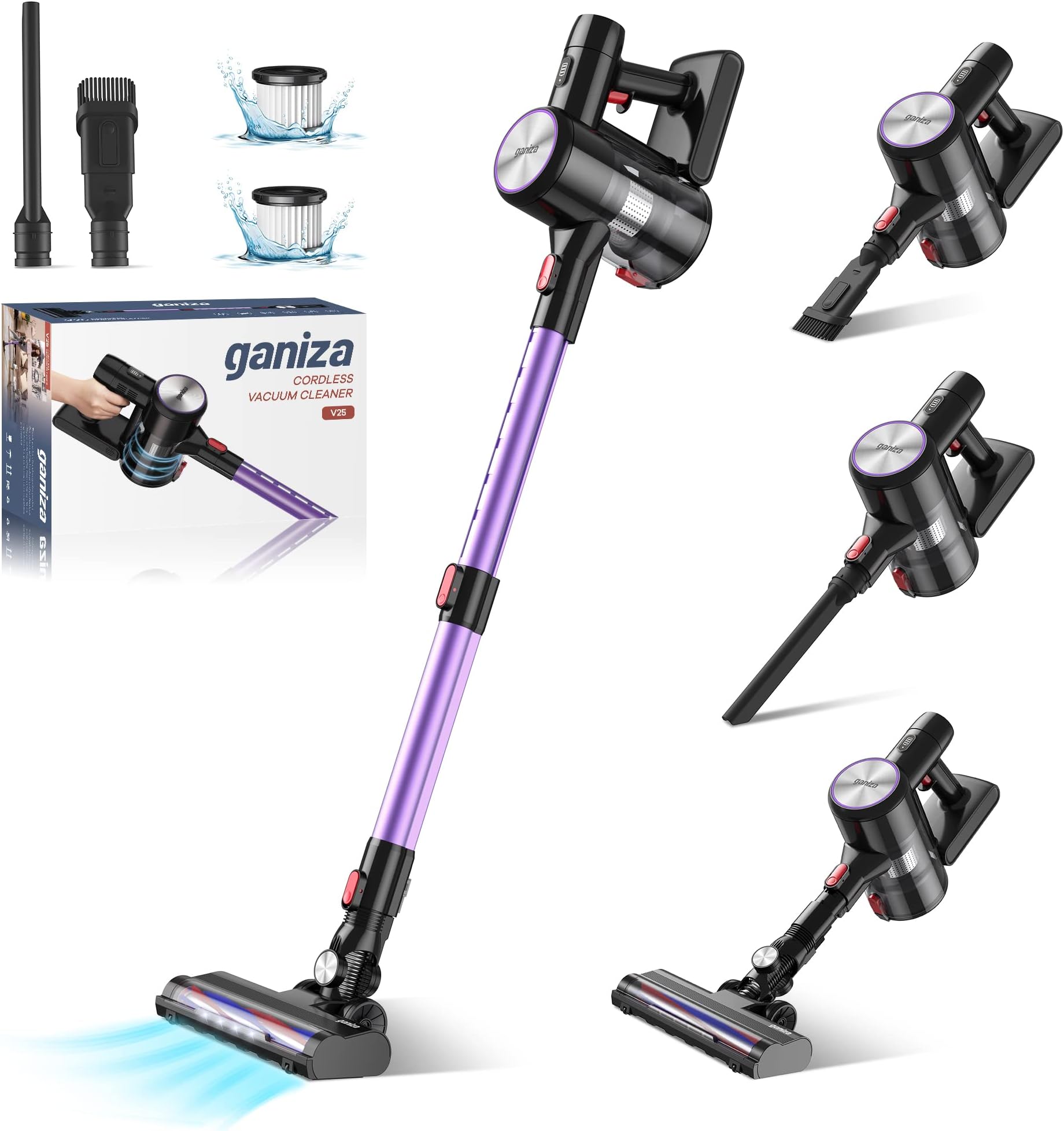Ganiza Cordless Vacuum Cleaner, Stick Vacuum 28Kpa Powerful Suction Hi-Speed Brushless Motor Up to 45 Minutes Runtime, 6-in-1 V25 Lightweight Vacuum LED Headlight for Floor Carpet Pet Hair