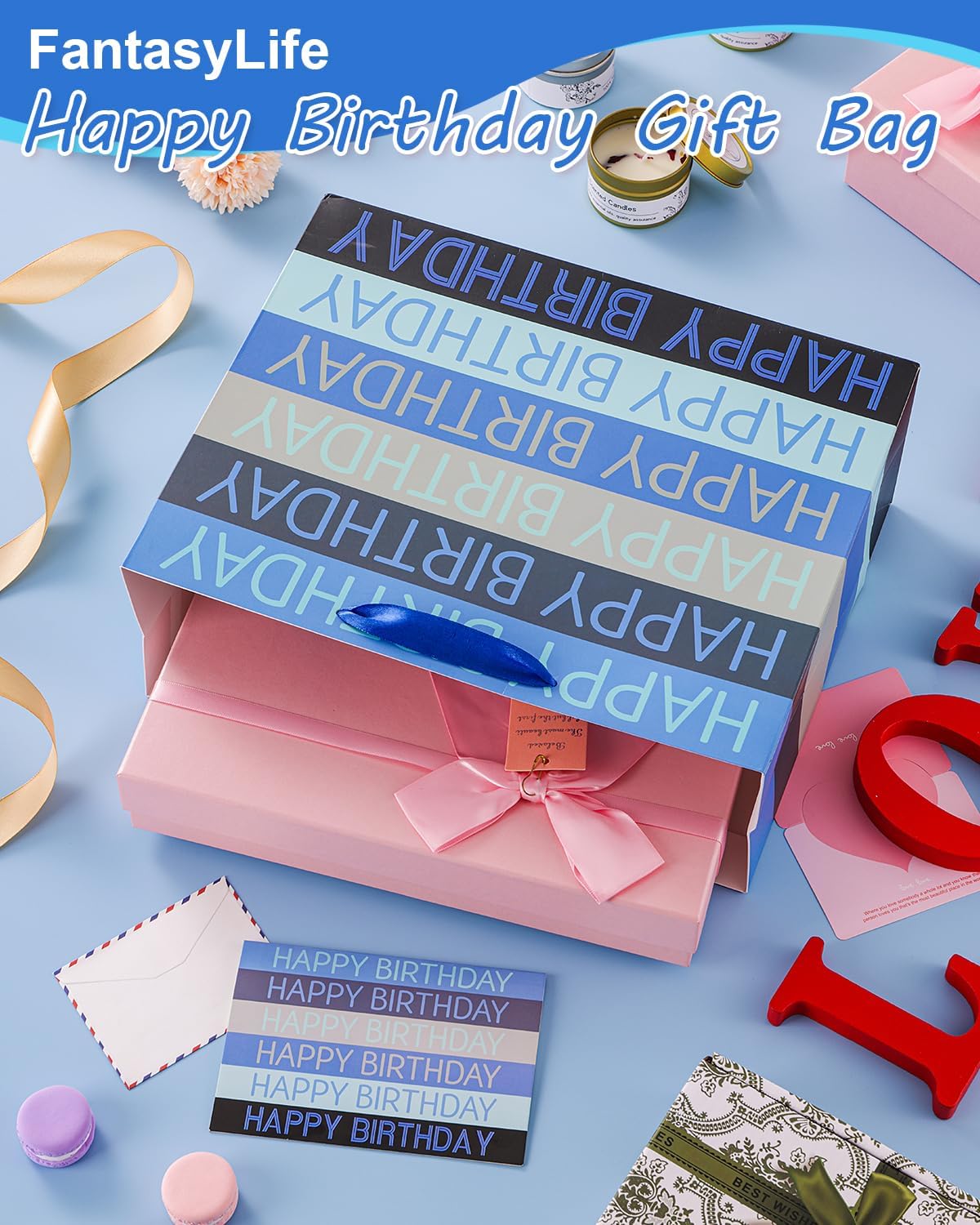 Happy Birthday Gift Bag with Tissue Paper, Card and sticker, 13" Large Gift Bag for Women Men Kids Birthday Party (Blue) - Image 5