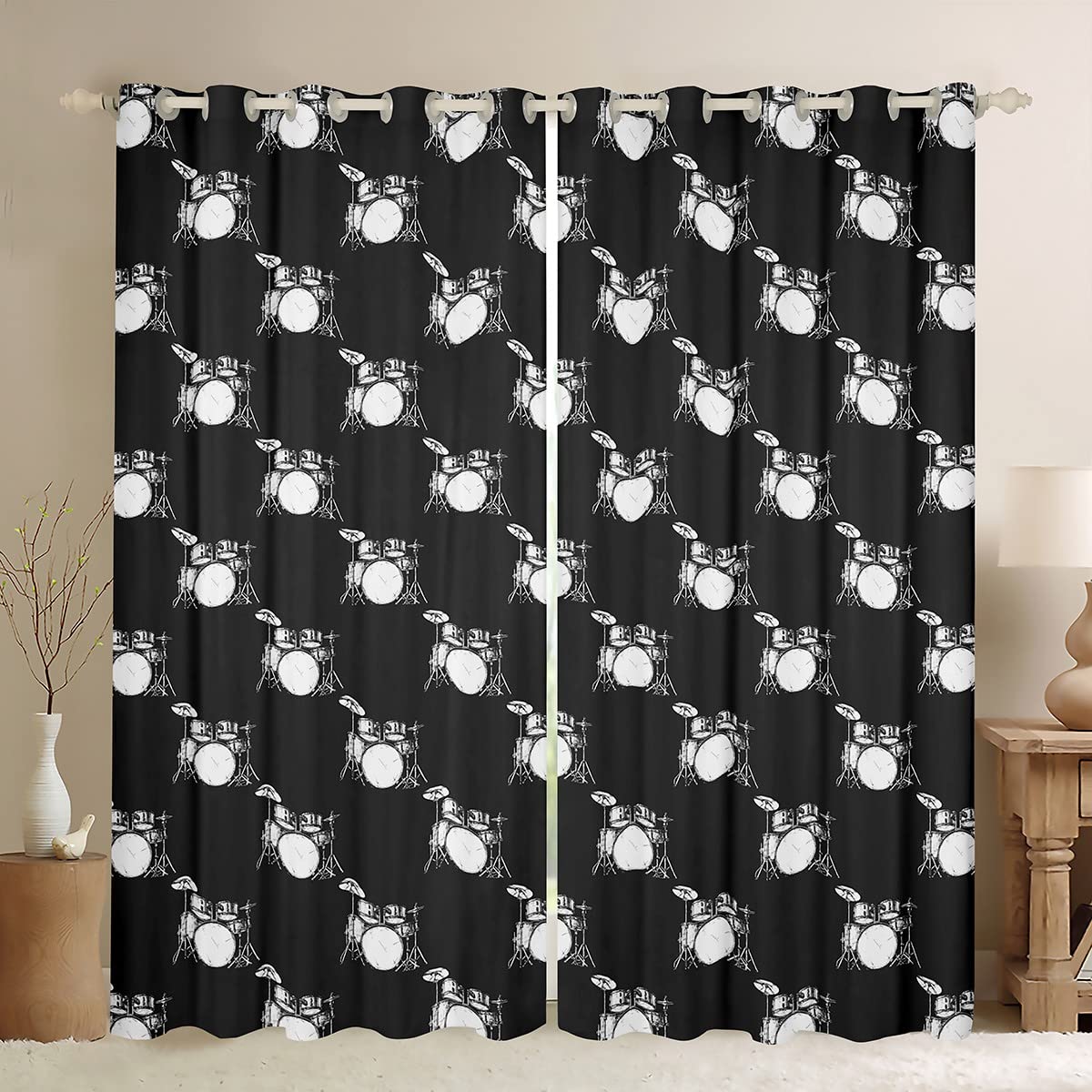 Cool Drum Kit Dreapes Rock Music Tende per camera da letto, bambini, ragazze, adolescenti, strumento musicale kawaii, tende oscuranti (30%-50%) Hip Hop bianco e nero per finestre W66 x L72