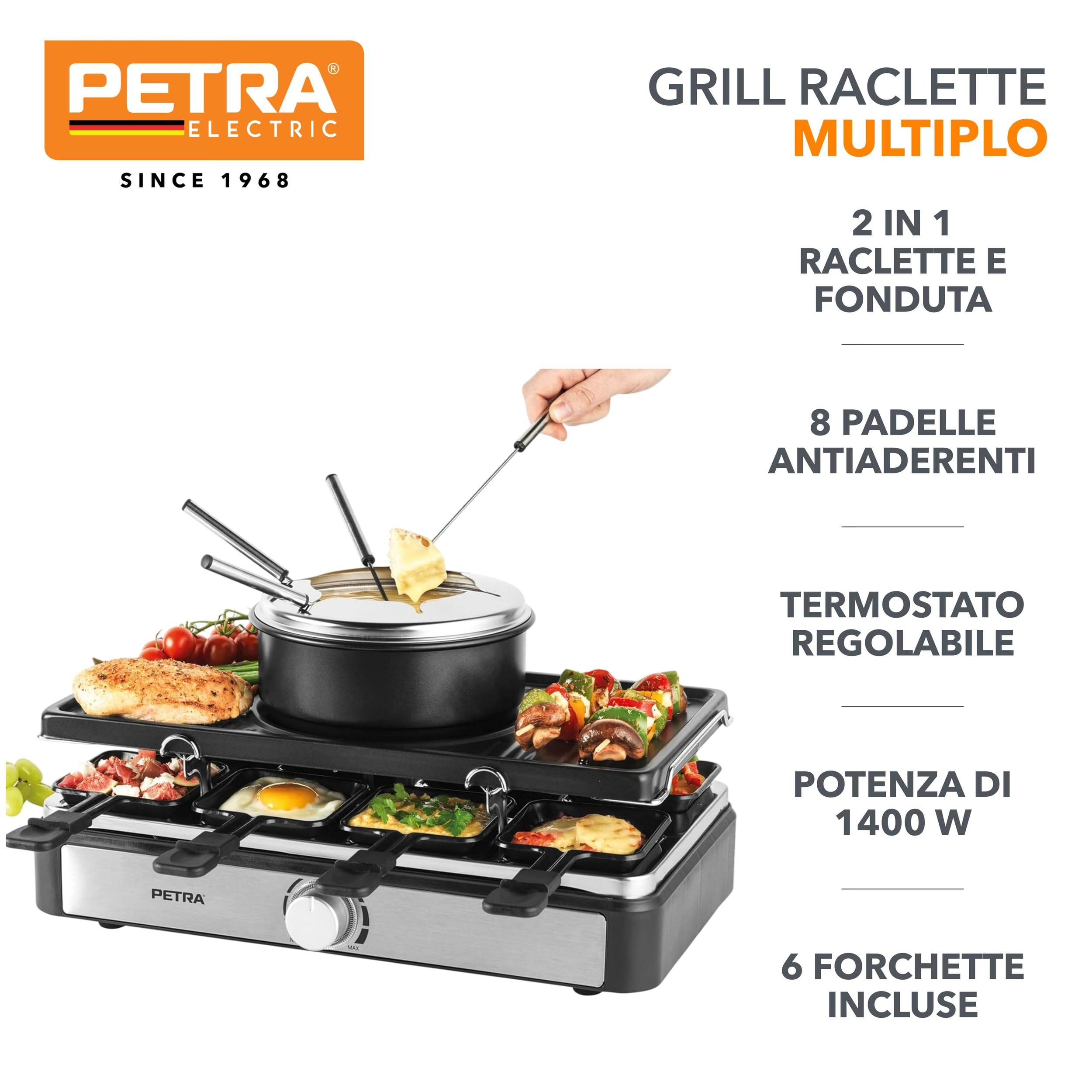 Petra PT4513VDE Grill Raclette - 6 Persone 2 in 1 Piastra Raclette e Foduta Formaggio, padelle per griglia antiaderenti, termostato regolabile, 6 forchette, 8 spatole in legno, Pentola da 1,3L, 1400W