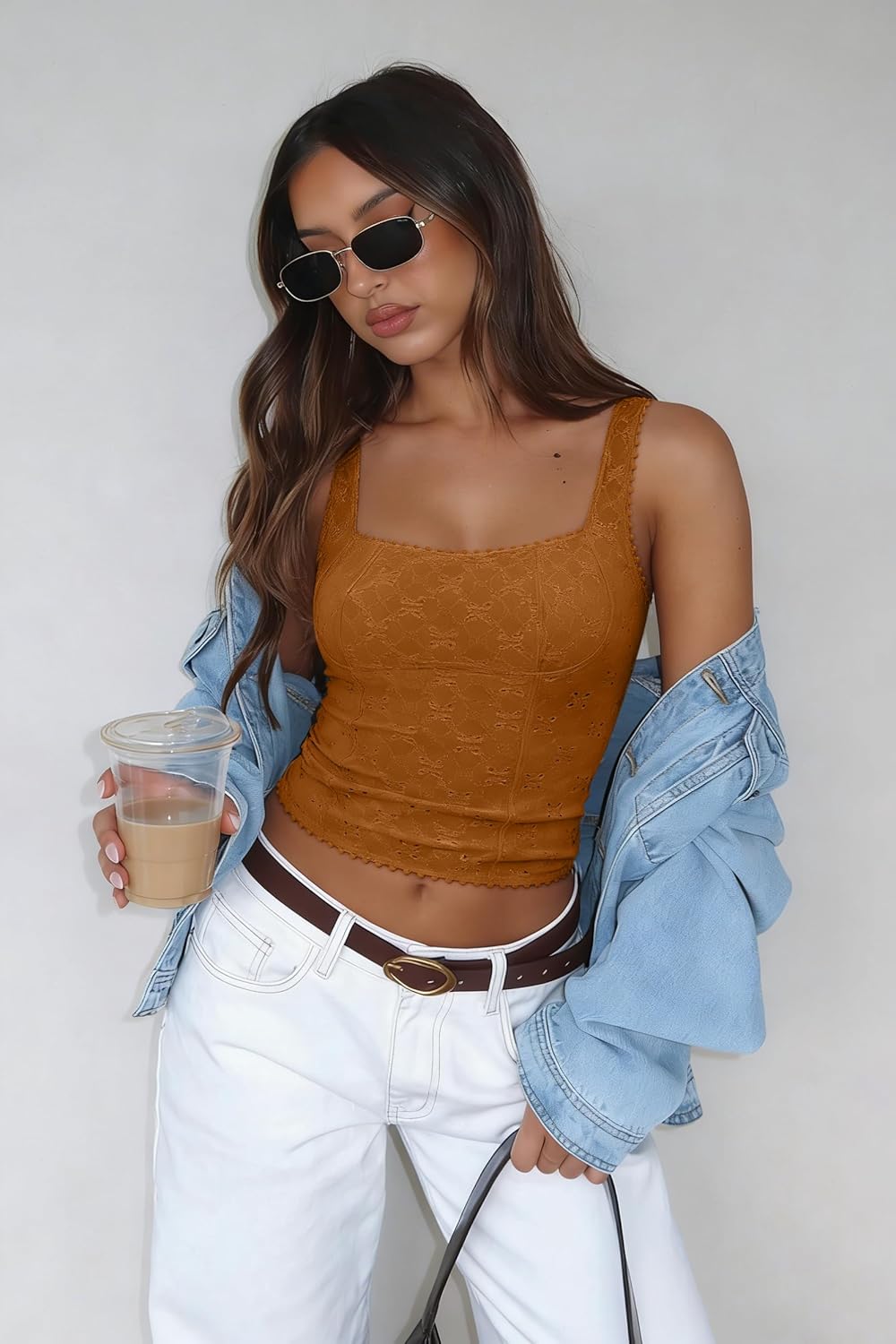 Women's Sexy Square Neck Eyelet Hollow Out Sleeveless Back Cutout Y2K Going Out Double Lined Cropped Tank Tops - Image 3