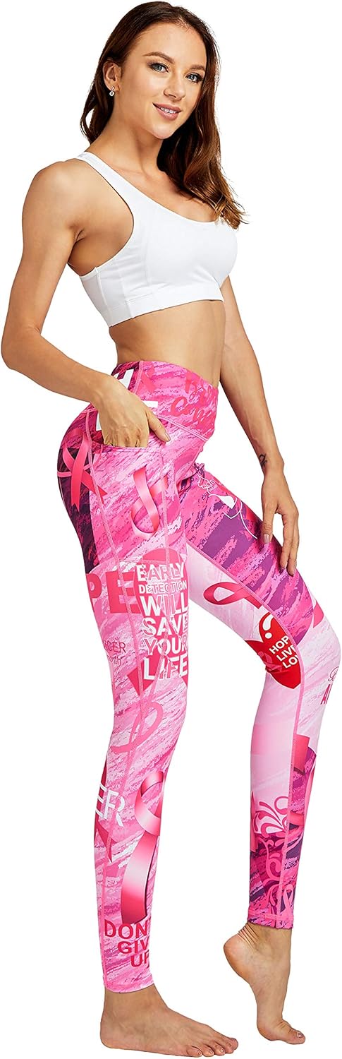 COOLOMG Women Leggings Breast Cancer Awareness Yoga Pants Pink Ribbon Tights with Side Pockets