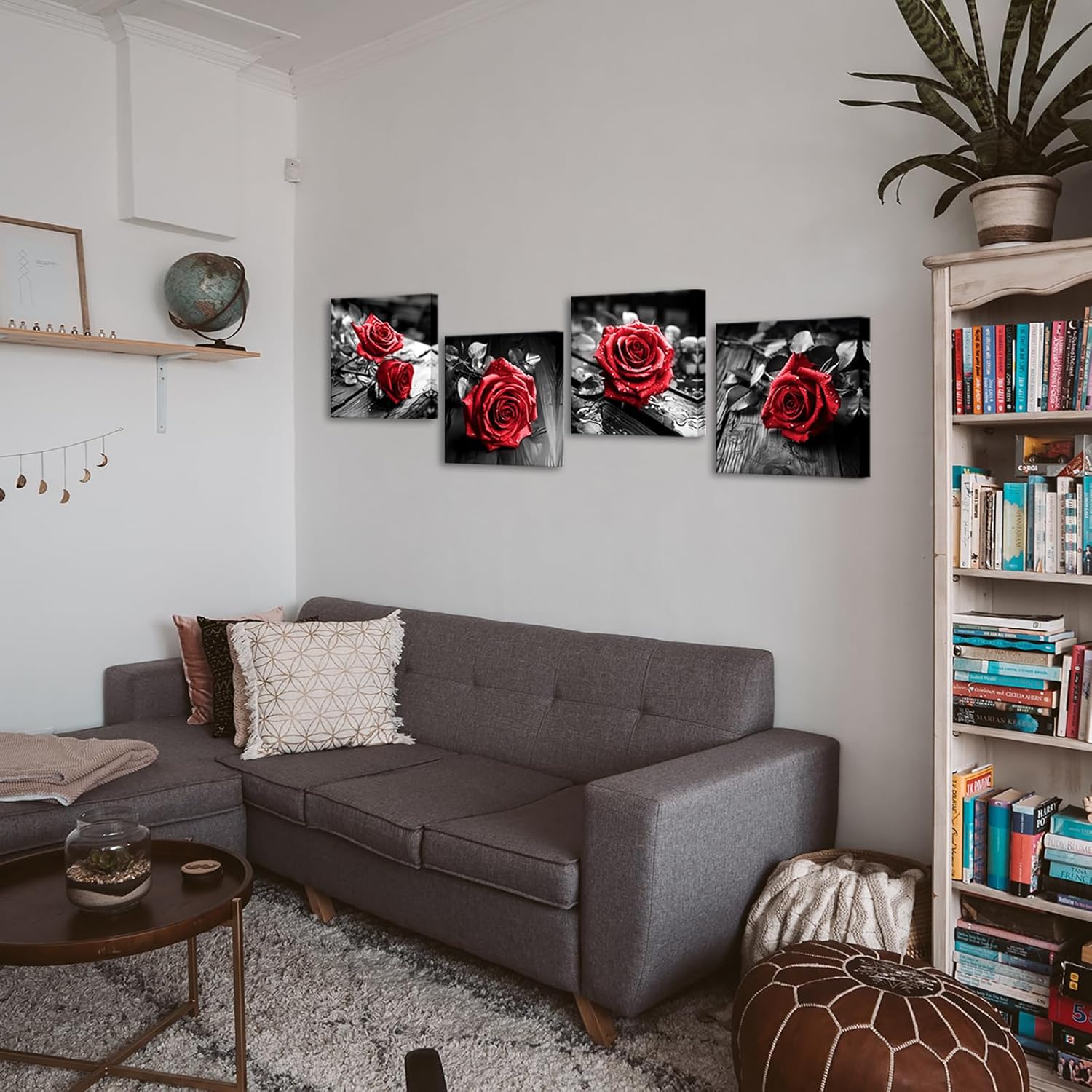 VANSEEING 4 Pieces Red and Black Rose Flower Canvas Wall Art Floral Pictures Prints Modern Romantic Artwork Wall Decor for Valentine's Day Living Room Bedroom 12x12inchx4Pcs
