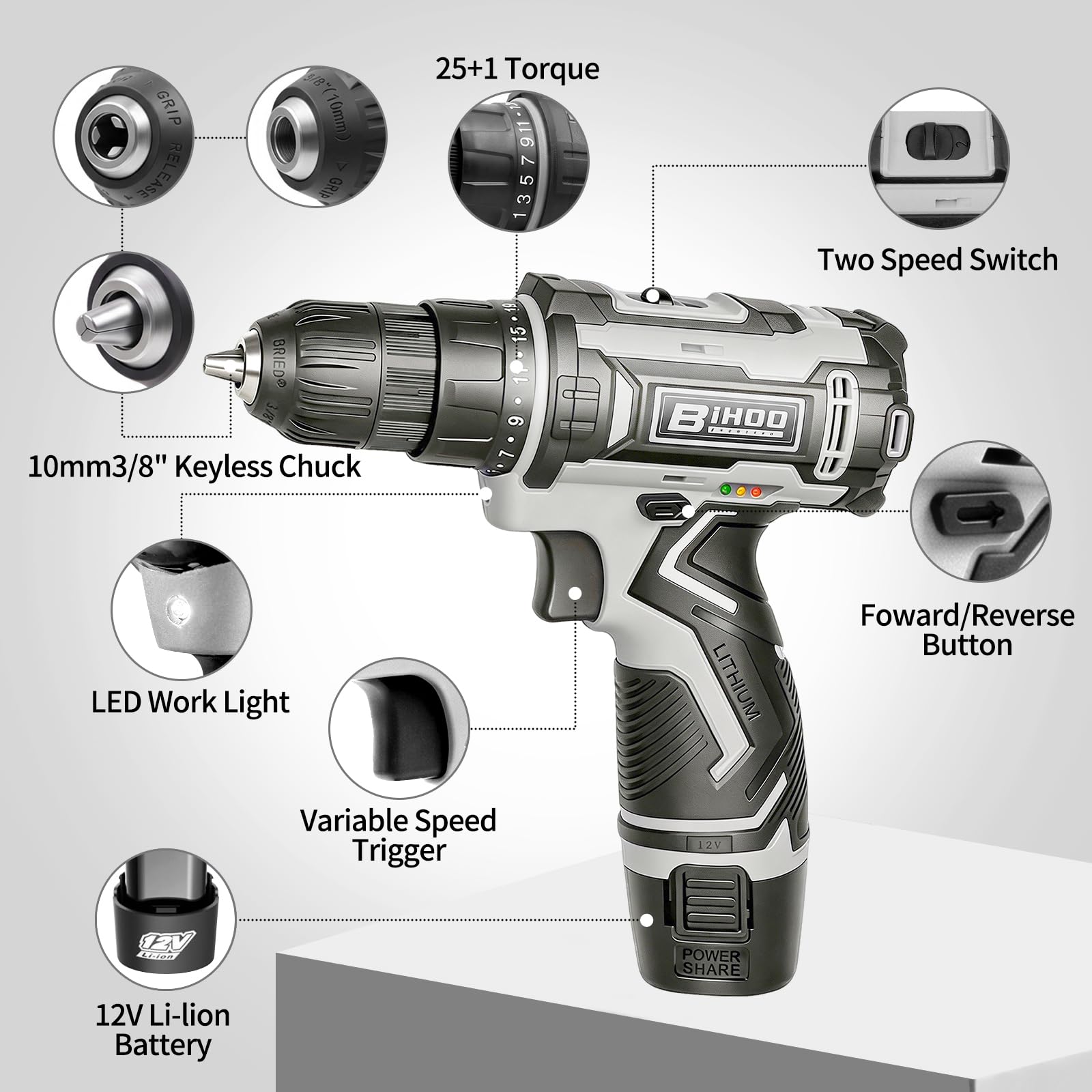 Kit trapano avvitatore senza fili da 12 V, 2 velocità 0-1600 giri/min, coppia 25+1, mandrino senza chiave da 3/8", luce a LED, batteria e caricabatterie, set di punte da trapano, per progetti fai da