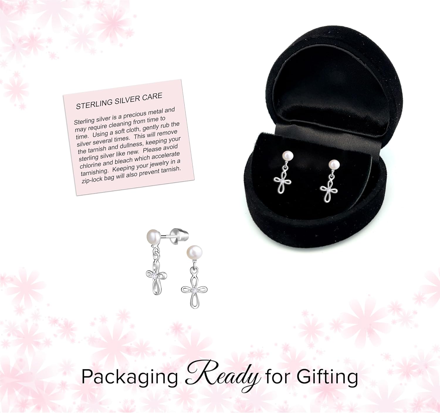 Cherished Moments Children's .925 Sterling Silver Dainty Cultured Pearl or CZ, Dangling Cross Earrings with Screw Backs for Baptism, Christening, First Communion Gift - Image 5