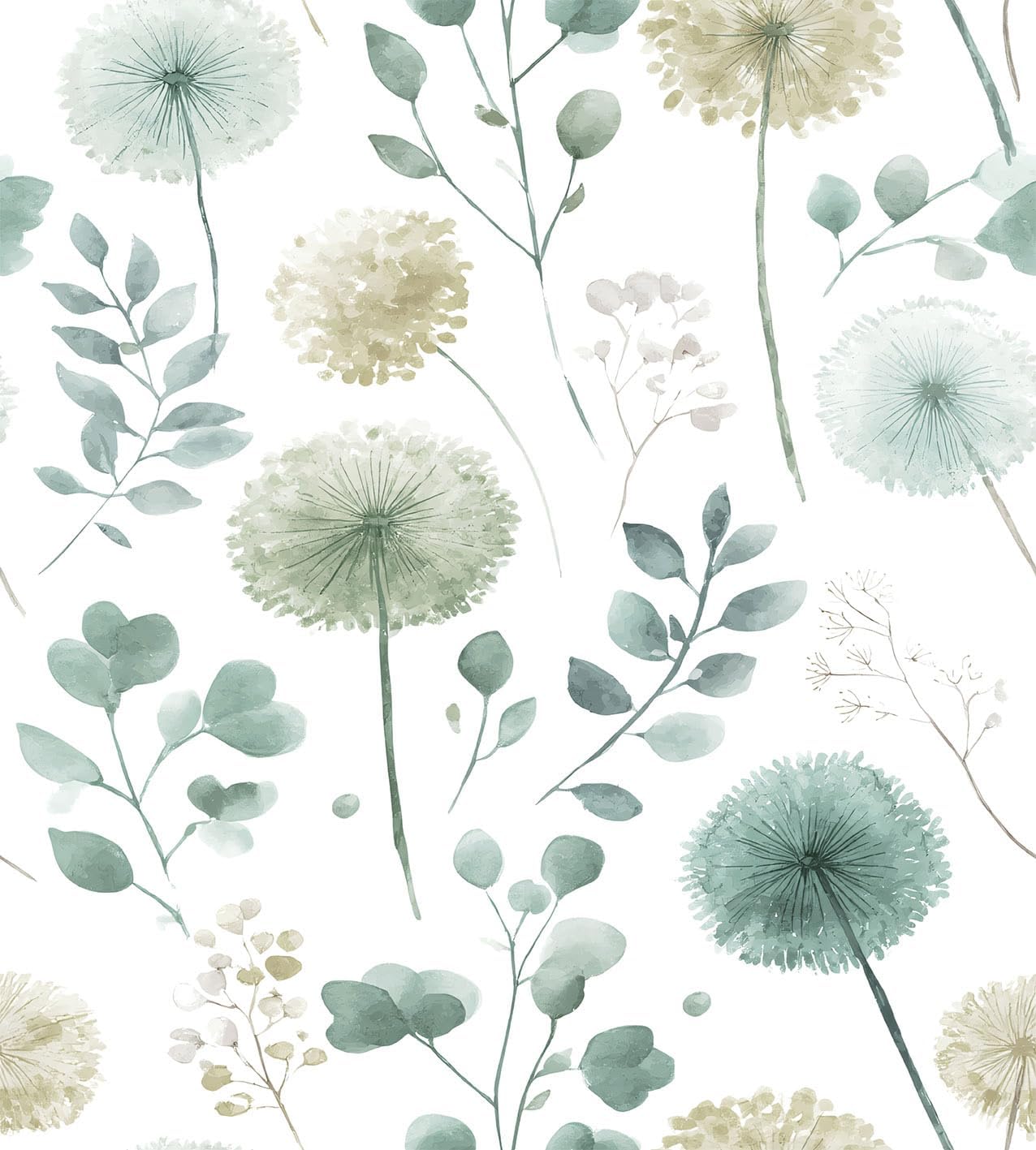 Sage Green Leaf Dandelion Peel and Stick Wallpaper Modern Botanical Eucalyptus Contact Paper Removable Waterproof Self Adhesive Wallpaper for Bedroom Bathroom Farmhouse 17.7"x393.7"