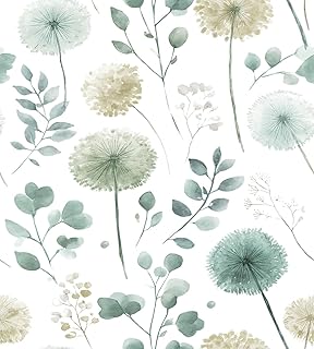 Sage Green Leaf Dandelion Peel and Stick Wallpaper Modern Botanical Euca...