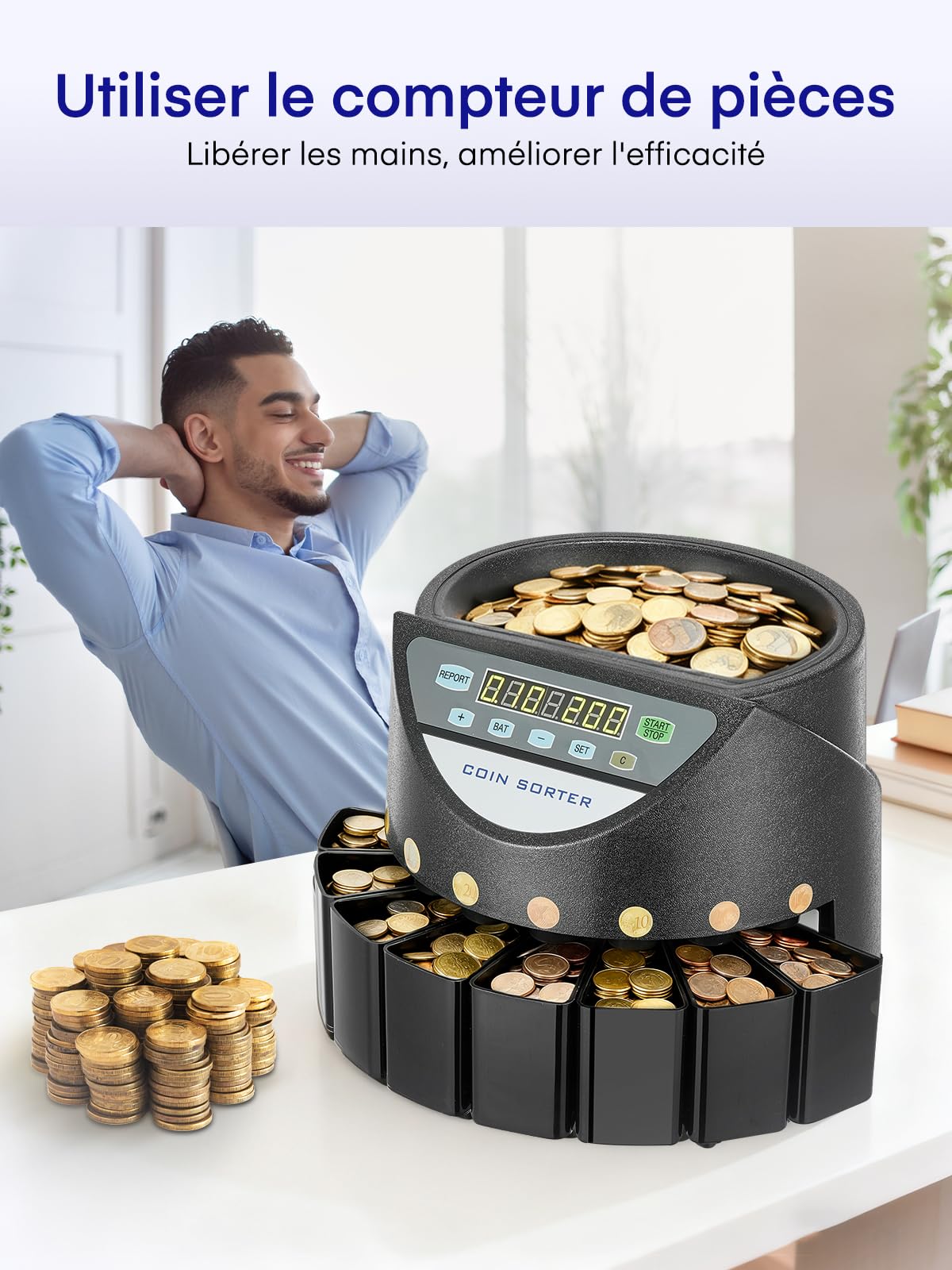 Compteuse de Pièces Euro, Trieuse Monnaie 800 Pièces, Machine à Compter avec 8 Bacs, Noir