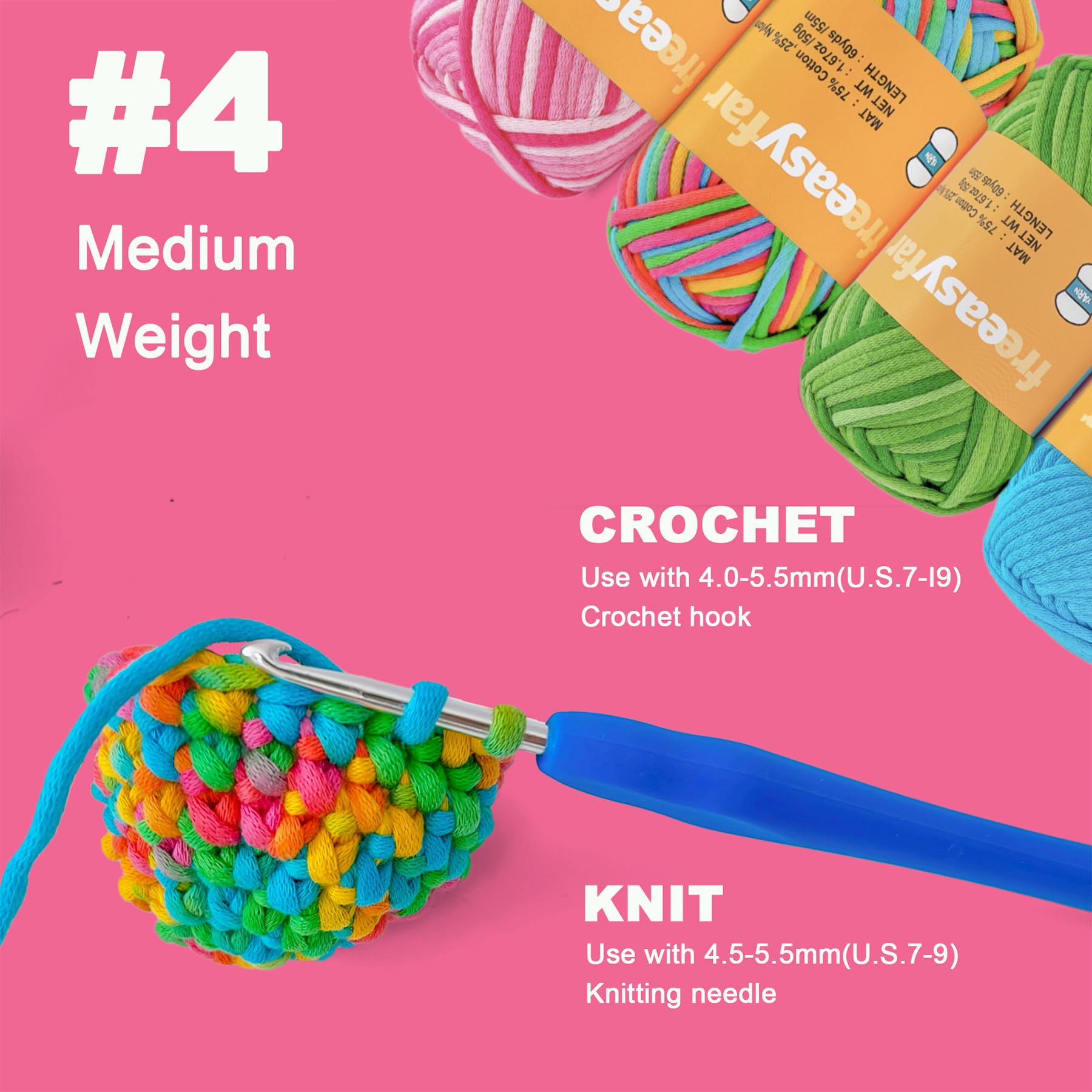 FREEASYFAR 4x50g Beginner Crochet Yarn for Crocheting and Knitting; Beginner Easy Yarn kit with Tool Set (Rainbow+Strawberry+Lawngreen+Aqua, 4 Skein)