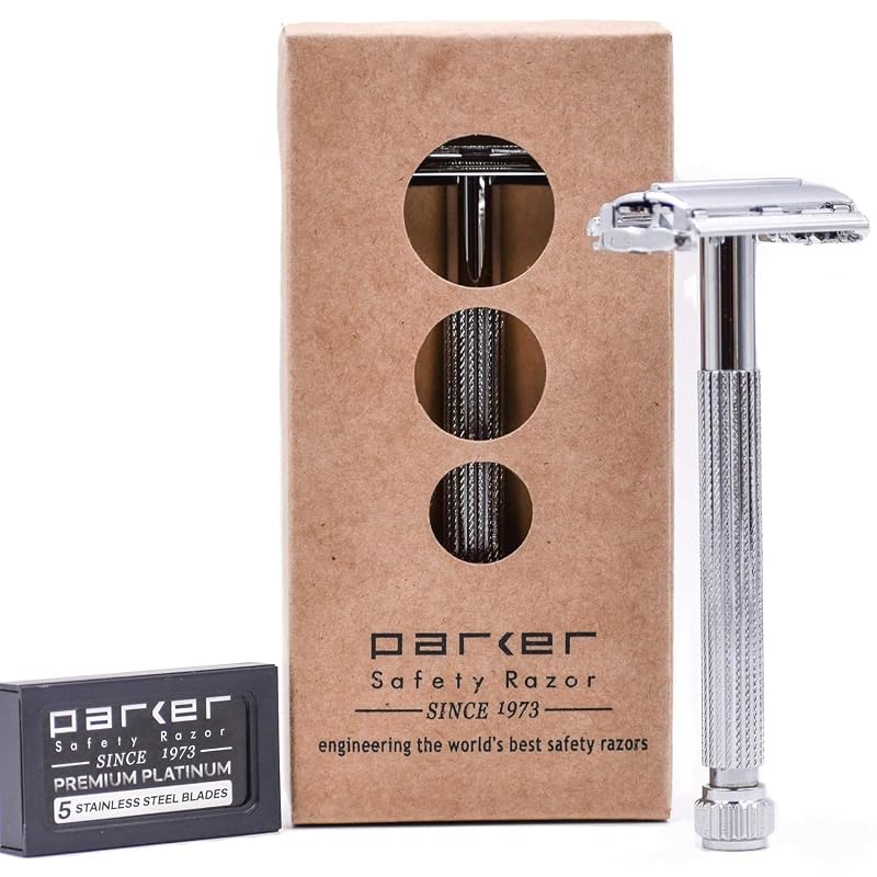 Parker Safety Razor 29L Aparelho de Barbear de Segurança com Cabo Longo, Borboleta, Cromado, Pacote com 5 lâminas