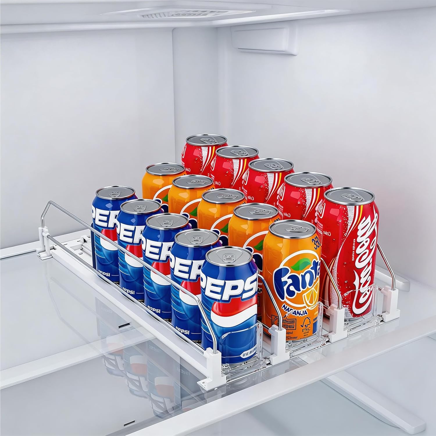 HIYOHIYO 3 Row Auto-Push Drink Organizer for Fridge, Automatic Pushing Can Dispenser for Supermarket Shelf Storage, Self Push Beverage Rack for Commercial Refrigerator, Adjustable Width (Depth 15″)