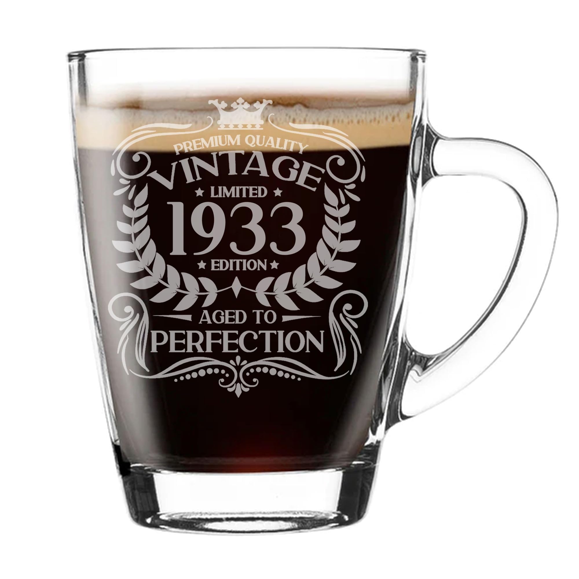 93rd Birthday Gift for Men Vintage 1933 Aged to Perfection Engraved Glass Mug Gift for Coffee Lovers Tea Cup Present for 93 Year Old 300ml Coffee Mug Funny Novelty Mug Gift For Men or Women