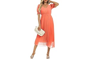 Flowy Summer Dress for Women: Sheer Puff Sleeve Pleated V-Neck Midi
