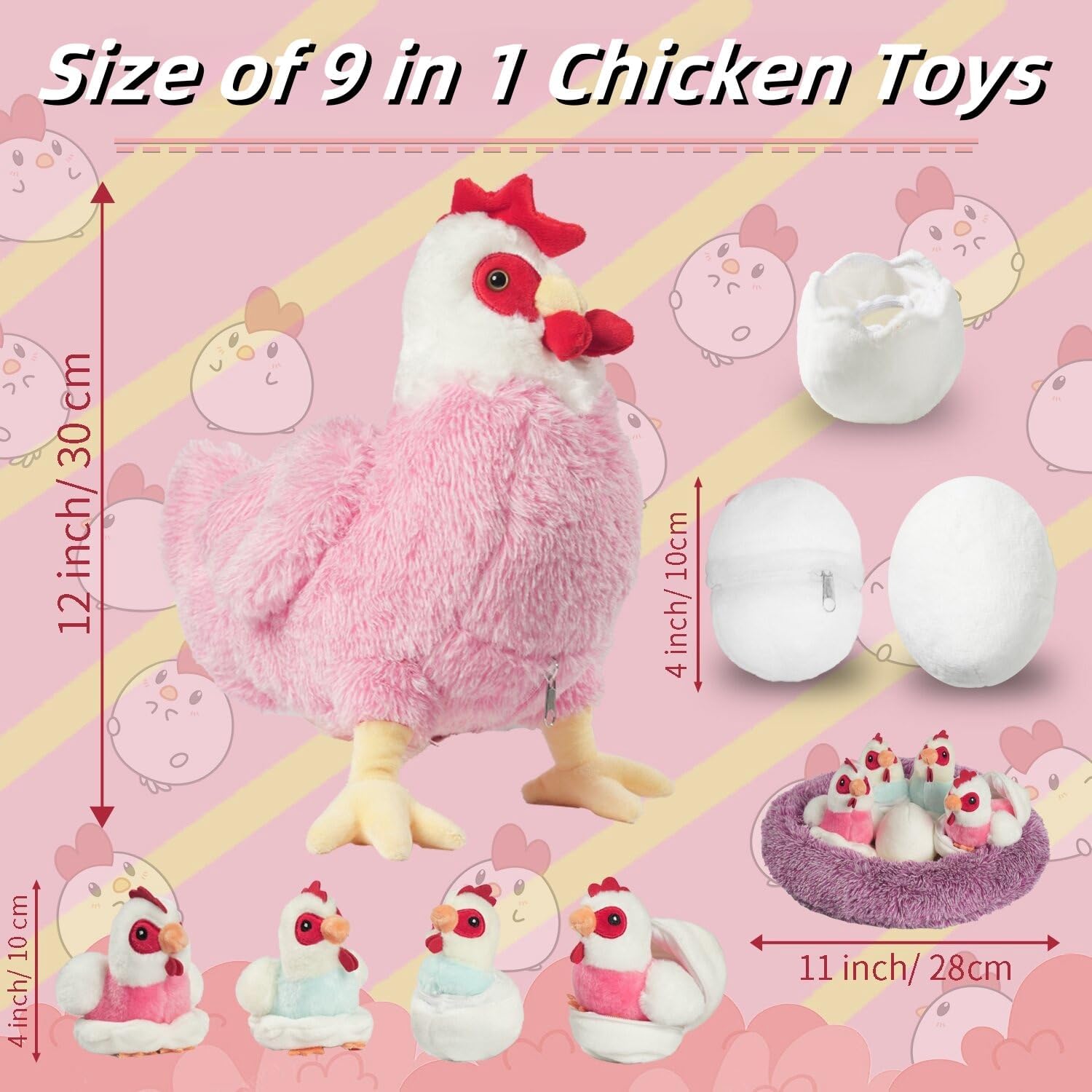 9 in 1 Chicken Stuffed Animal Set, Stuffed Chicken Plush Toy Zipper Egg Laying Hen with Baby Chicks Toy Chickens, Eggs and Coop Chicken Toys for Kids Girls Boys Birthday Christmas Plush Gifts