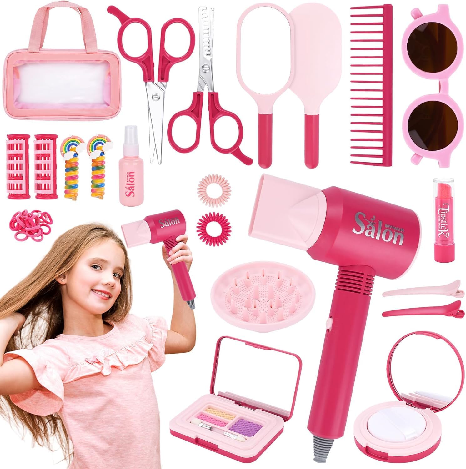 Set di Parrucchieri per Bambini Realistico,Set da Parrucchiere per Bambini,Set Parrucchiera con Asciugacapelli e Altri Accessori,Giochi di Ruolo Regali per Bambinis 3 Anni+