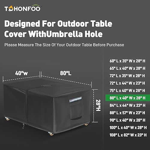 Miniatura 8 de Juego de fundas rectangulares para mesa de patio con agujero para sombrilla, resistentes al agua, color negro, 84 x 44 x 24 pulgadas