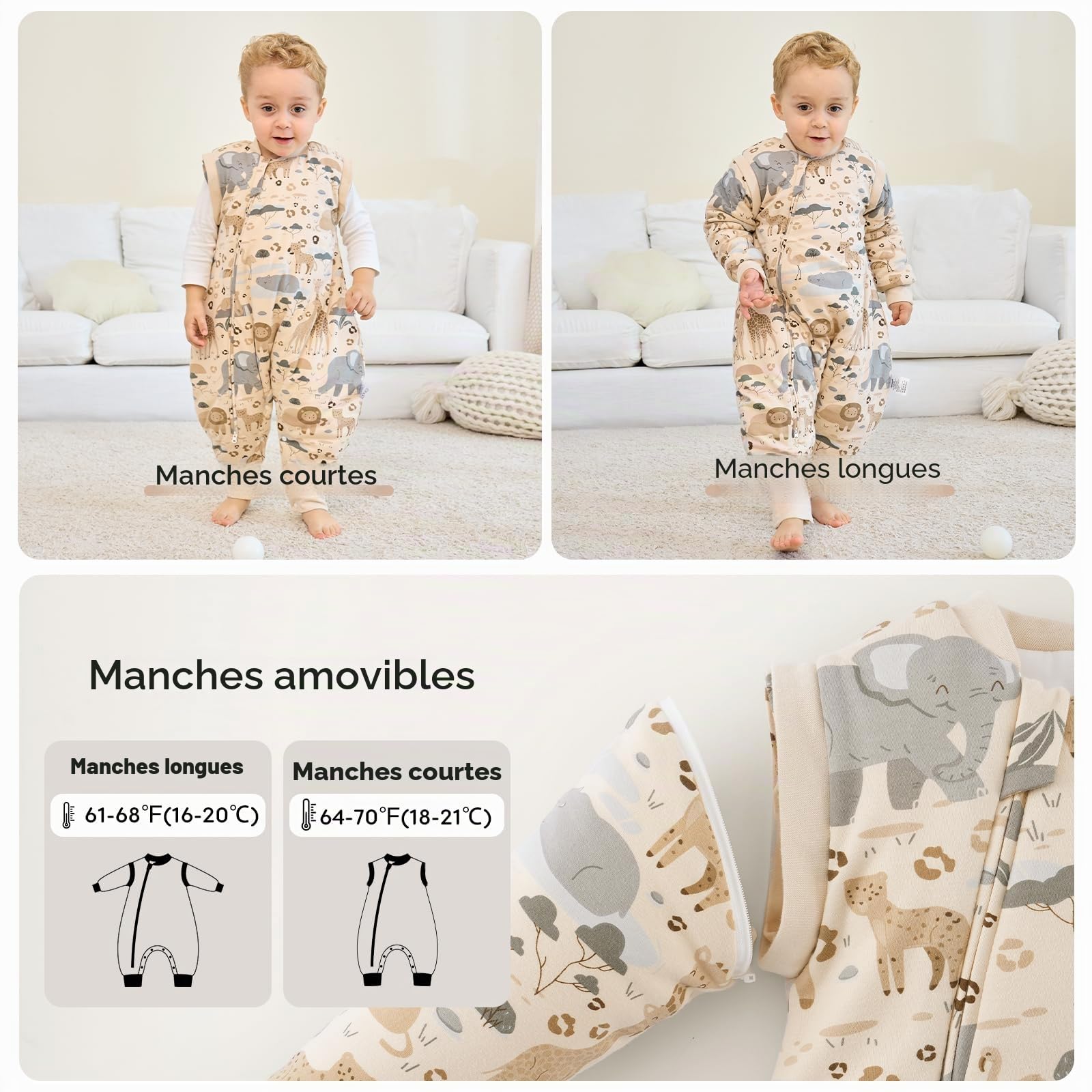 Unnivoll Gigoteuse Hiver 3-4 Ans, Gigoteuse à Pieds et Manches Amovibles, Tog 2.5 Turbulette Hiver pour Bébé, Tissu 100% Coton Super Doux et Chaud Fille Garçon 90cm Beige Zèbre