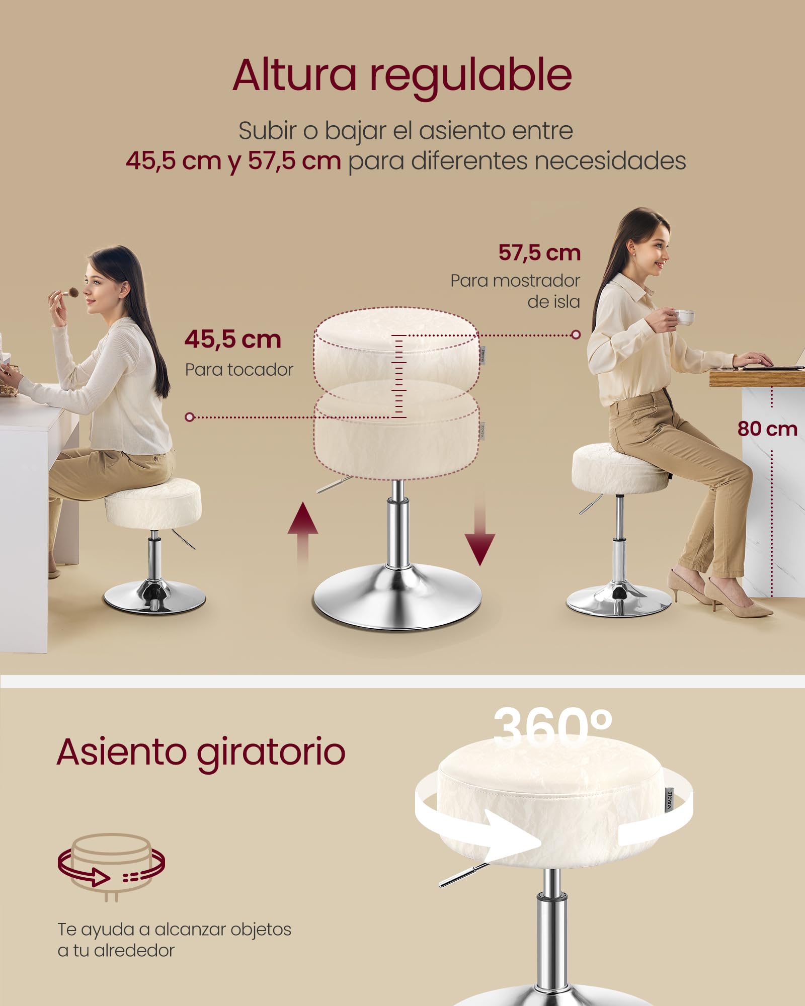 VASAGLE Sgabello da Trucco, Sedia per Toeletta, Regolabile in Altezza, Girevole a 360°, in PU, Seduta Spessa, per Camera da Letto Cucina Sala da Pranzo, Moderno, Bianco Crema LJB120W01