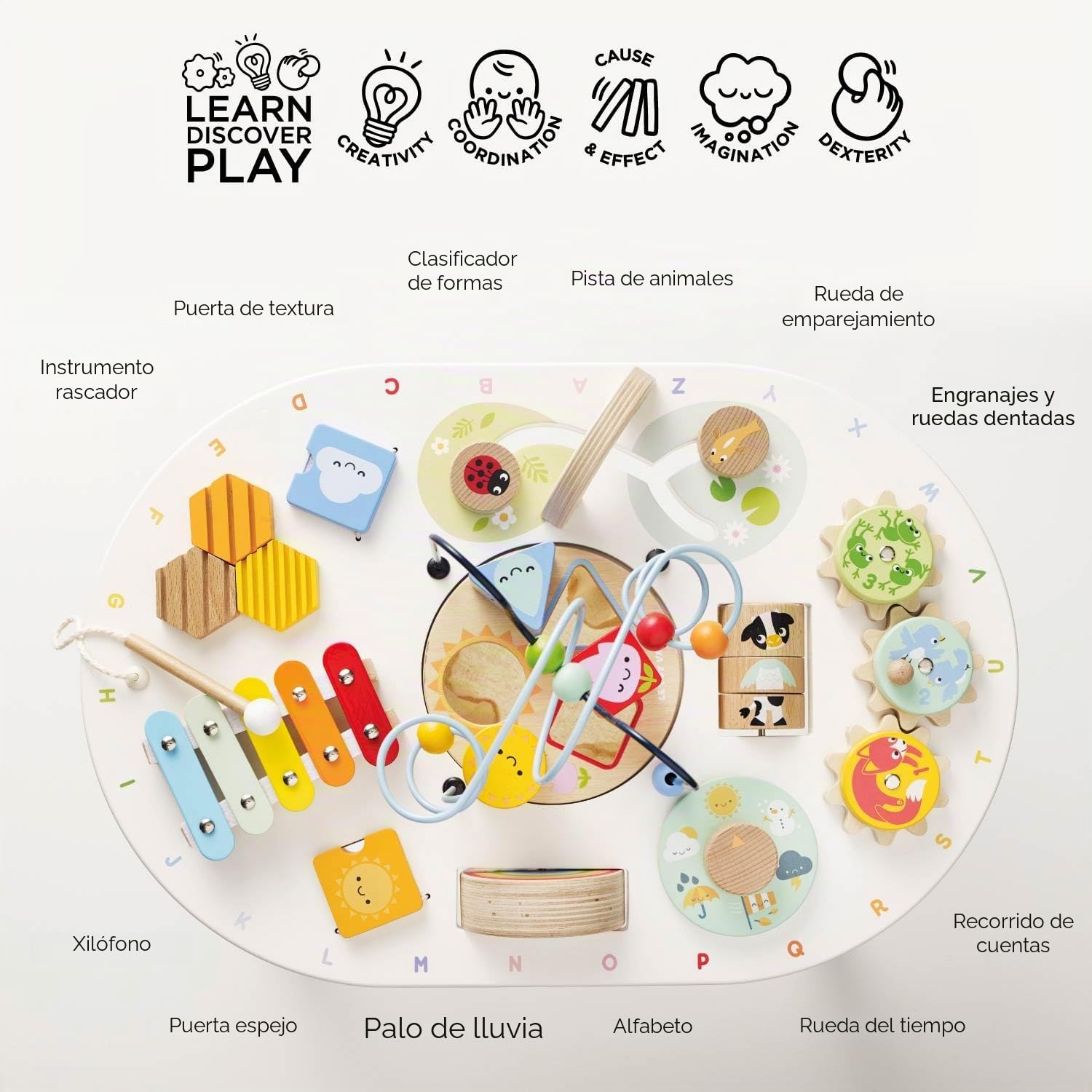 Le Toy Van - PL137 - Mesa multiactividad para niños, Apta a Partir de 18 Meses, Mesa multijuego Montessori, Juego ecológico, Juegos sensoriales, 12 Actividades, en Madera certificada FSC, Petilou