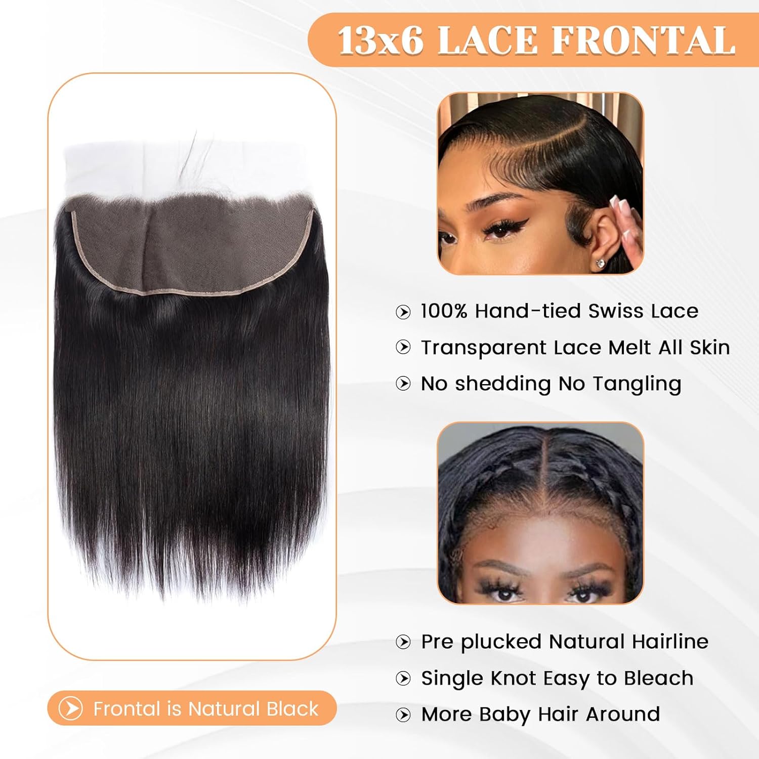 13x6 Frontal Human Hair Straight HD Transparent Lace Ear to Ear Lace Frontal Closure With Baby Hair Free Part 100% Virgin Human Hair Natural Black 14 Inch