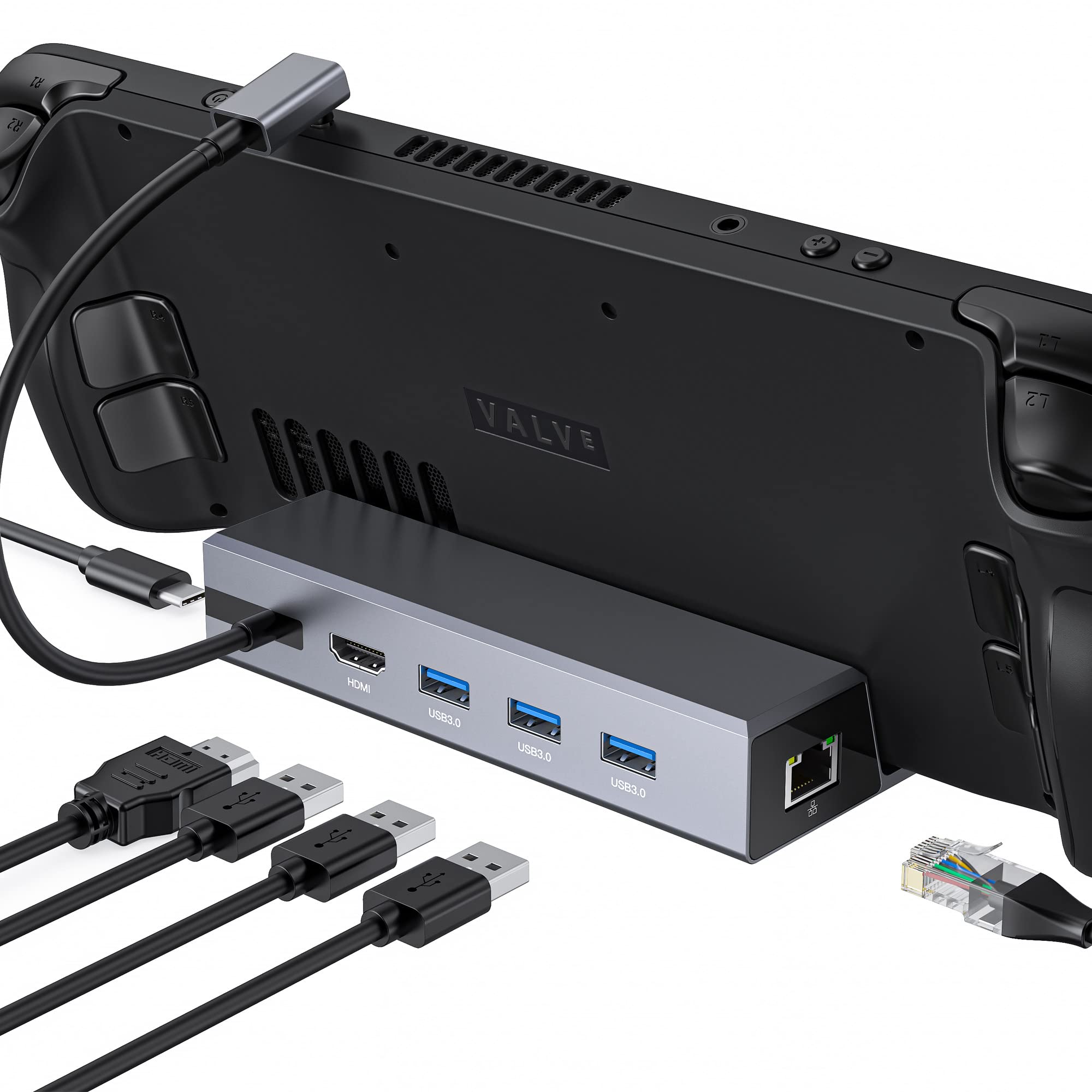 Benazcap7-in-1 Aluminum Docking Station for Steam Deck OLED 2023/Steam Deck 2021, 4K@60Hz HDMI 2.0, Gigabit Ethernet Port, 3 x USB A 3.0 5Gbps Data Ports, 100W Power Delivery