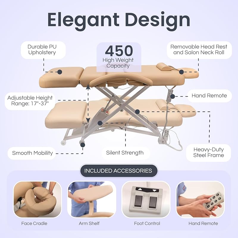 Electric Massage, Spa, and Treatment Table with Salon Top - Adjustable Height, Backrest, and Knee Section, Foot Control, ADA Compliant Treatment Table for Professionals Electric Salon Beige
