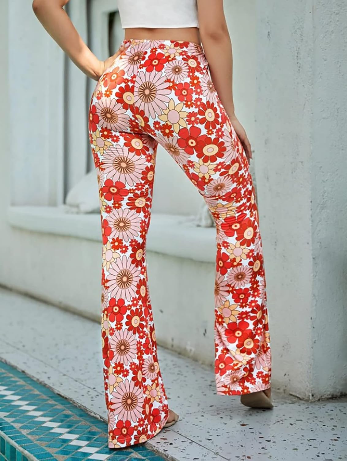 Women High Waisted Fit Flare Ethnic Paisley Floral Bell Bottoms Yoga Pants Flared Leggings - Image 2