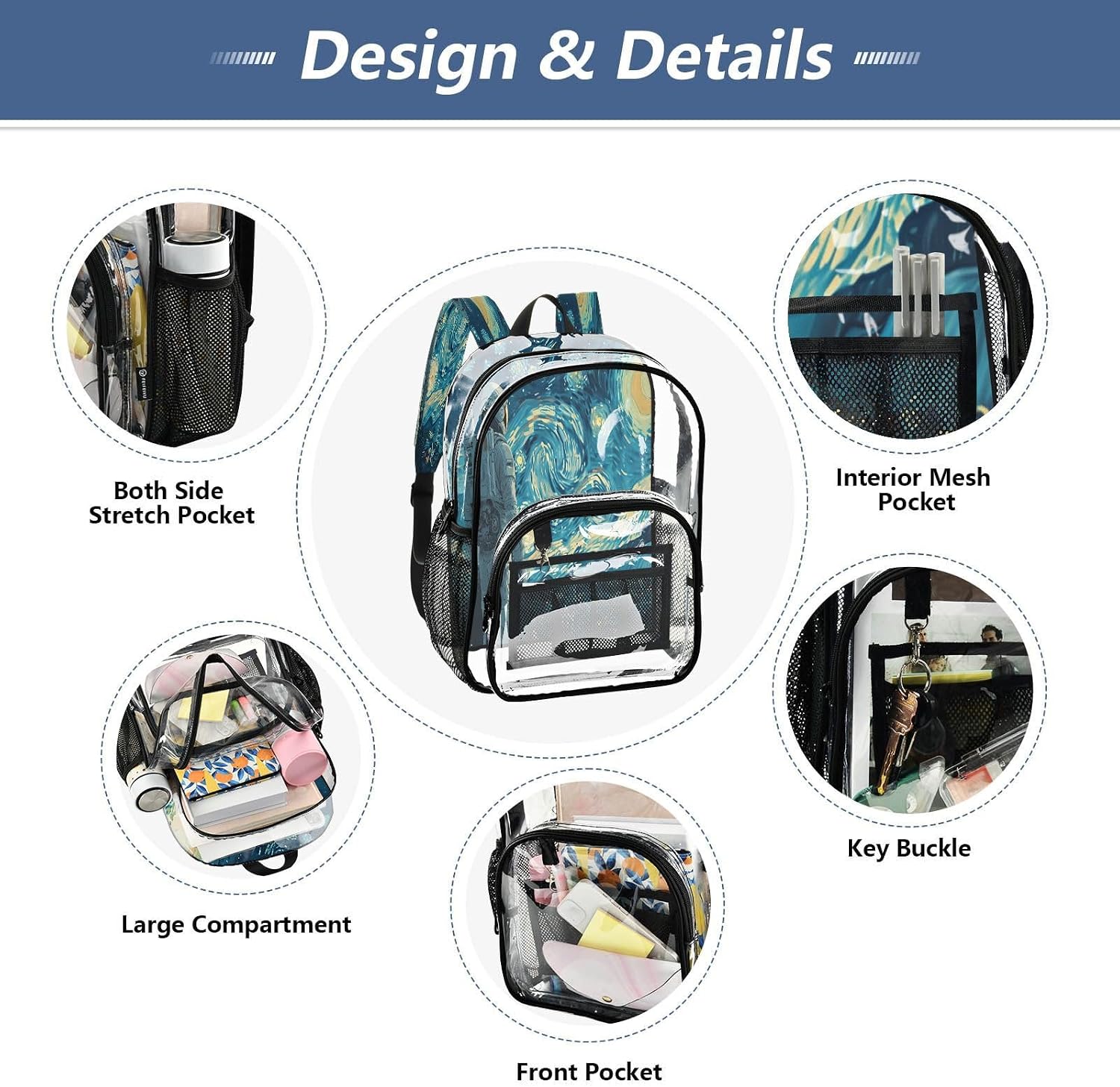 Starry Night Astronaut Clear Backpack Heavy Duty See Through Transparent PVC BookBag for Kids Boy Girl Adult School Work