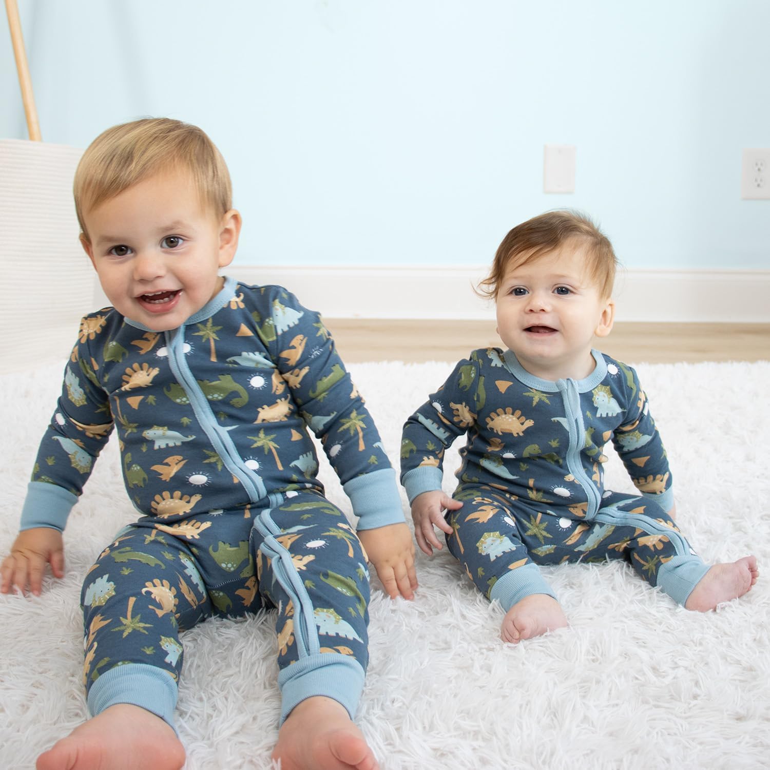 The Peanutshell 2-Pack Sleep and Play Baby Boy Clothes, Soft Cotton Footless Pajamas, Dino Star