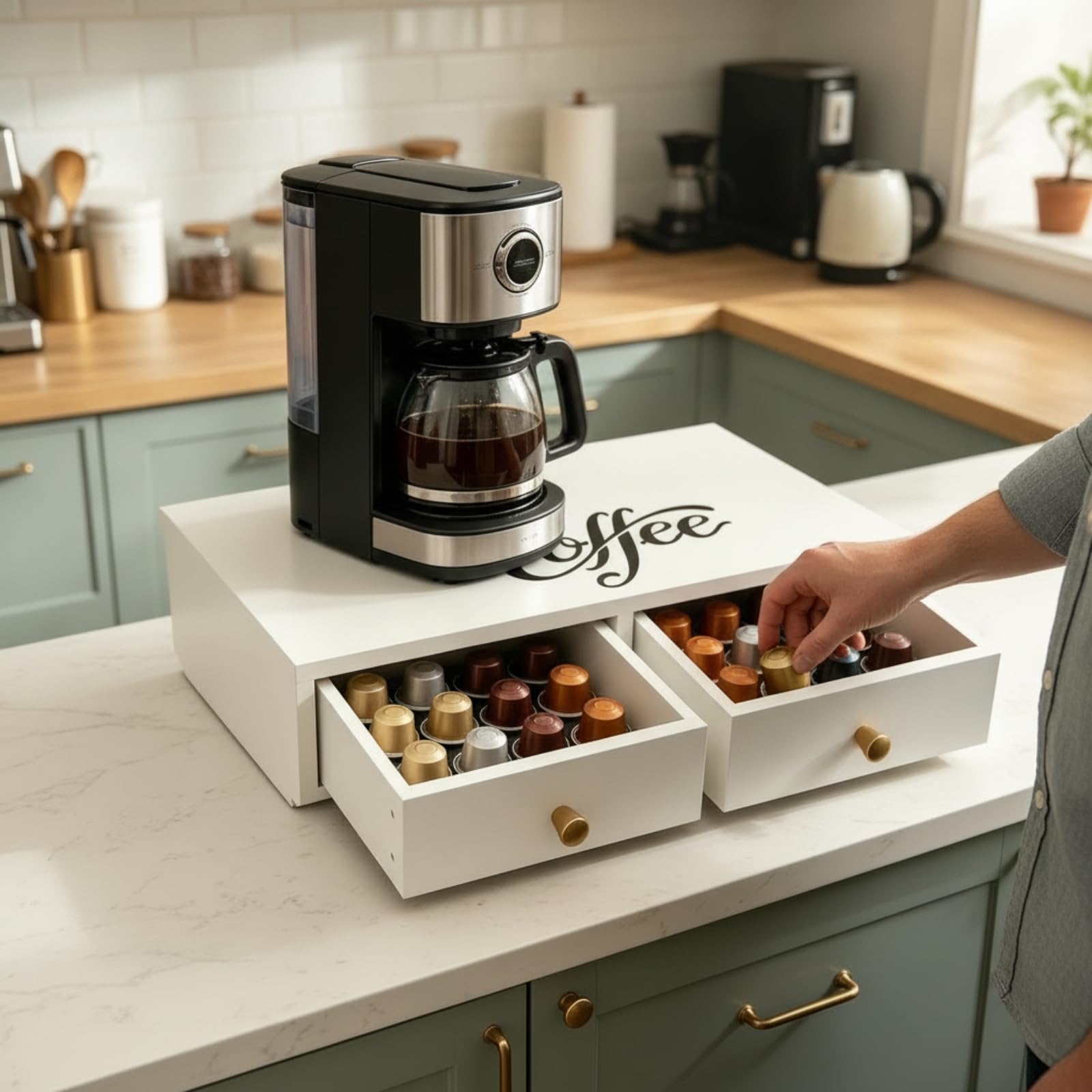 Kaffeemaschinen-Unterlage mit Schubladen stabil Kaffee-Organizer mit Schubladen schlank Küchenorganizer für Kaffeeliebhaber