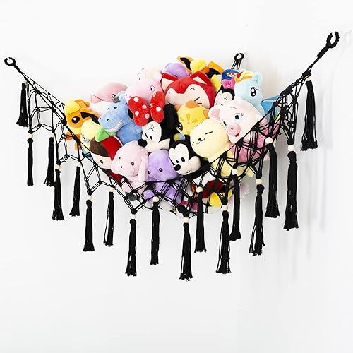 Miniatura 3 de Hamaca grande de red de juguetes de peluche con borla, red colgante en esquina para soporte de juguetes de peluche, exhibición de juguetes de