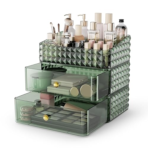 Organizador de maquillaje para tocador, organizador apilable de cosméticos y almacenamiento, vitrinas de cosméticos con 2 cajones y 1 bandeja para