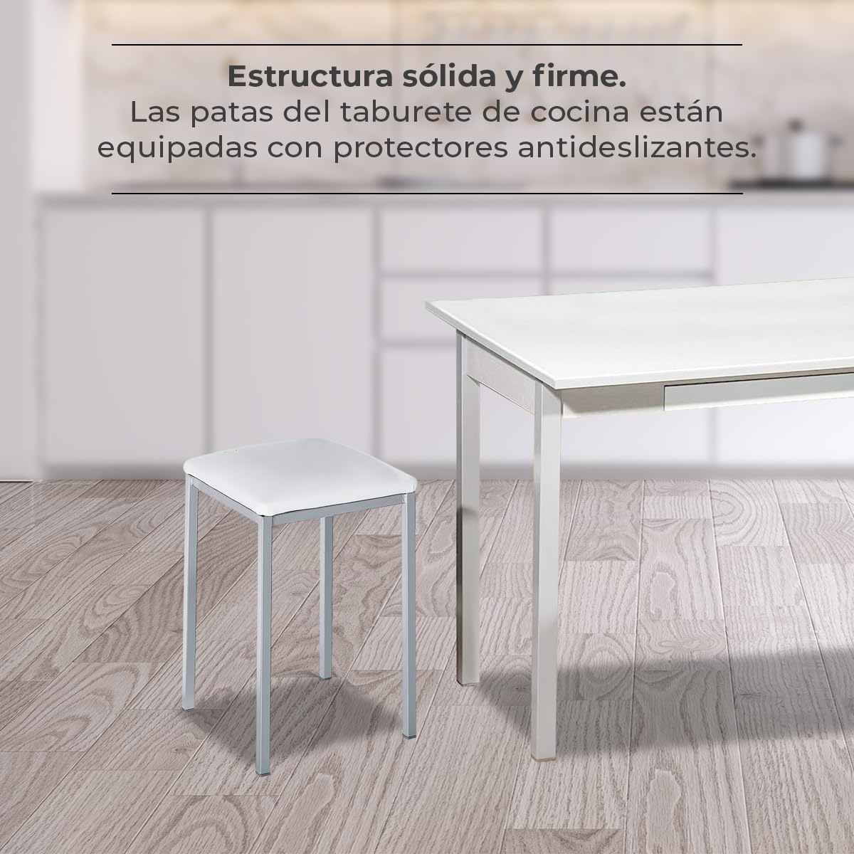 ASTIMESA TACUBL Dos Taburetes de Cocina Modelo Cuadrado Polipiel Blanco Estructura de Metal Blanco, Altura de Asiento: 45 cms