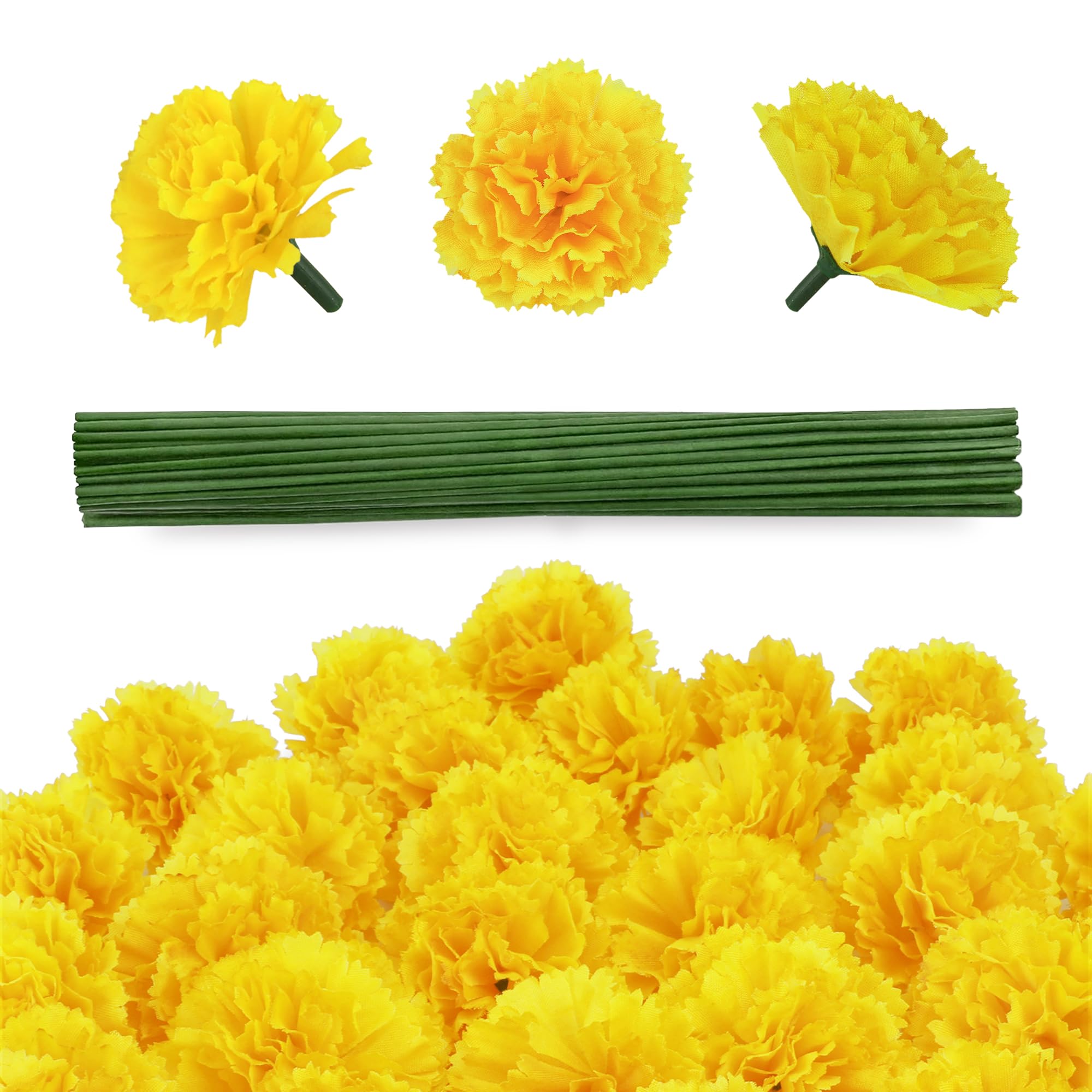 30 Pcs Artificial Marigold Flowers,2" Silk Marigold Flower Heads with Stems,Yellow Flowers Artificial for Diwali Decor,Indian Wedding,Home,DIY Wreath Garland,Day of The Dead Decorations