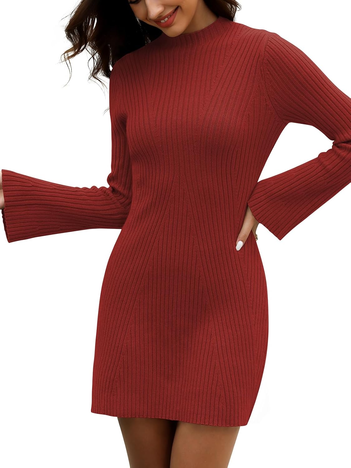 Womens Sweater Dress Fall Winter Bell Long Sleeve Mock Neck Ribbed Knit Bodycon Mini Dresses 2025 - Image 2