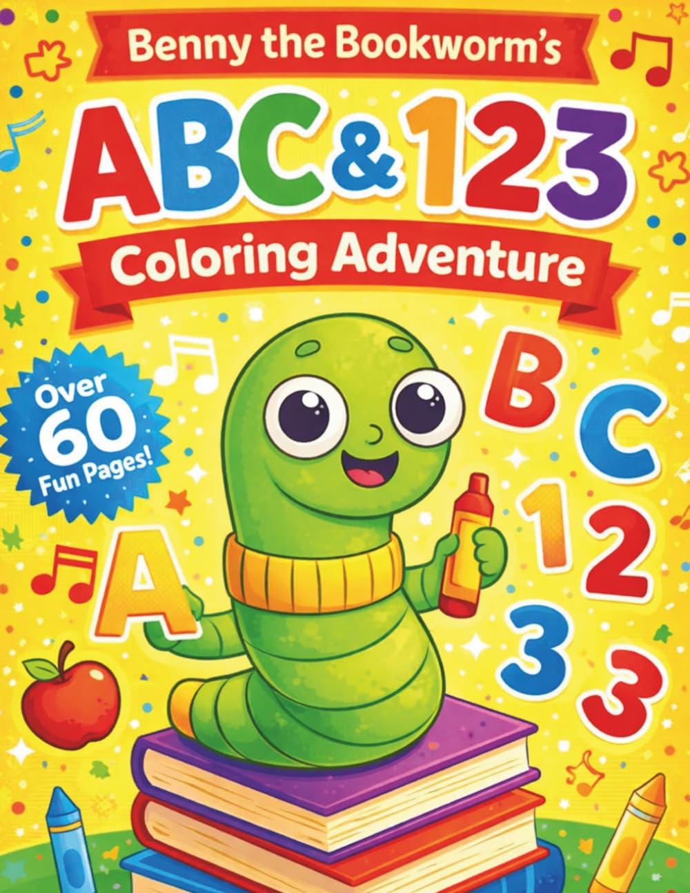 Benny the Bookworm’s ABC & 123 Coloring Adventure: A Fun Early Learning Coloring Book for Kids Ages 3-6 | Alphabet, Numbers, Music & Counting Activities