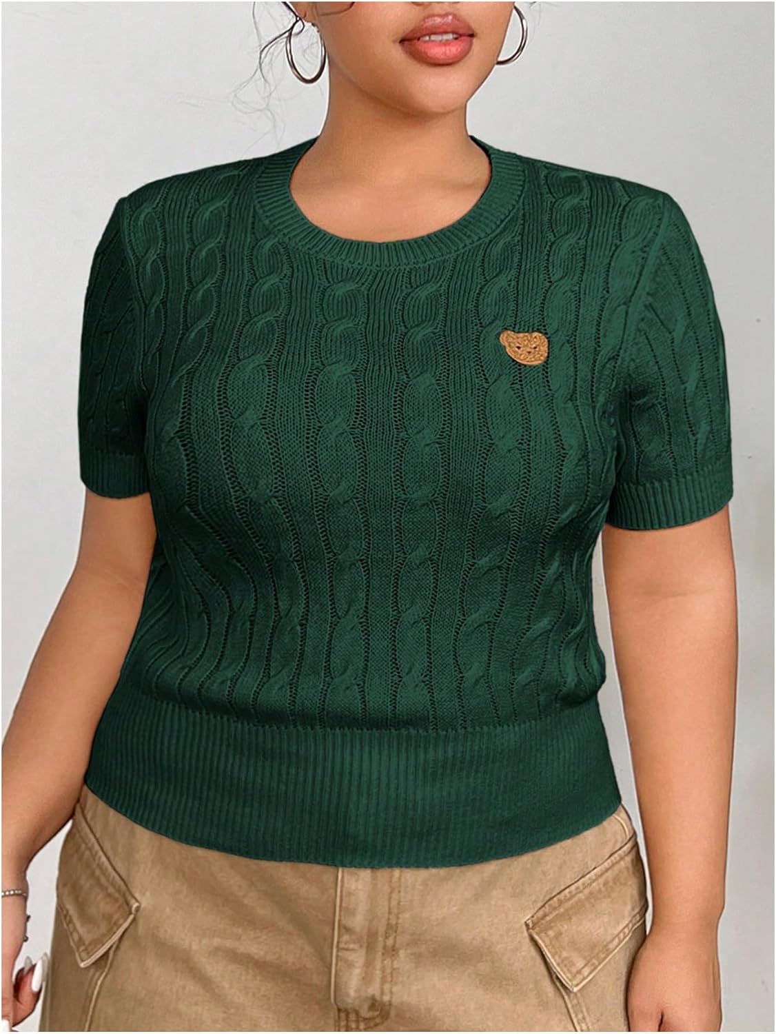 WDIRARA Women's Plus Size Cartoon Graphic Sweater Short Sleeve Crew Neck Knitwear Cable Knit Pullover Tops - Image 2