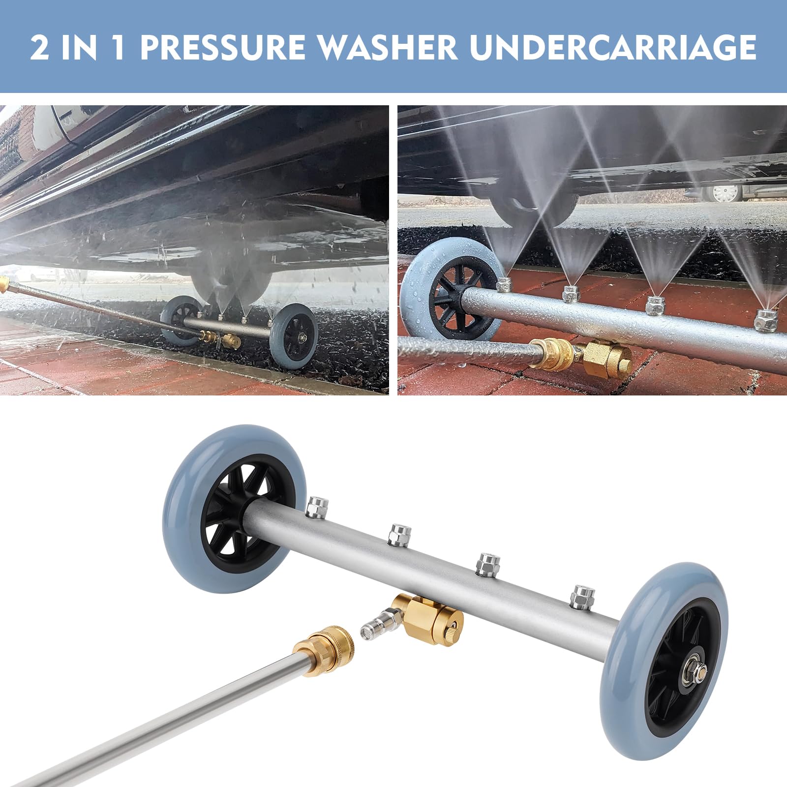 Escoba de agua para lavadora a presión, limpiador de tren de rodaje de doble función con adaptador compatible con Karcher K2 K3 K4 K5 K6 K7, lavadora debajo del coche con 3 varitas de extensión, 4