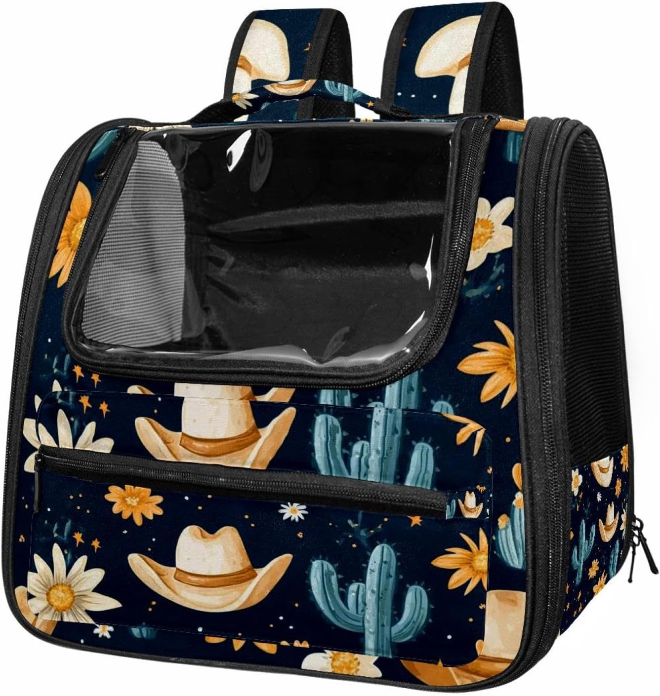 Portable Travel pet Backpack Carrier Hamster Bag Small Dog cat Carrier Breathable Hang Bag, Cowboy Hat Cactuses Western