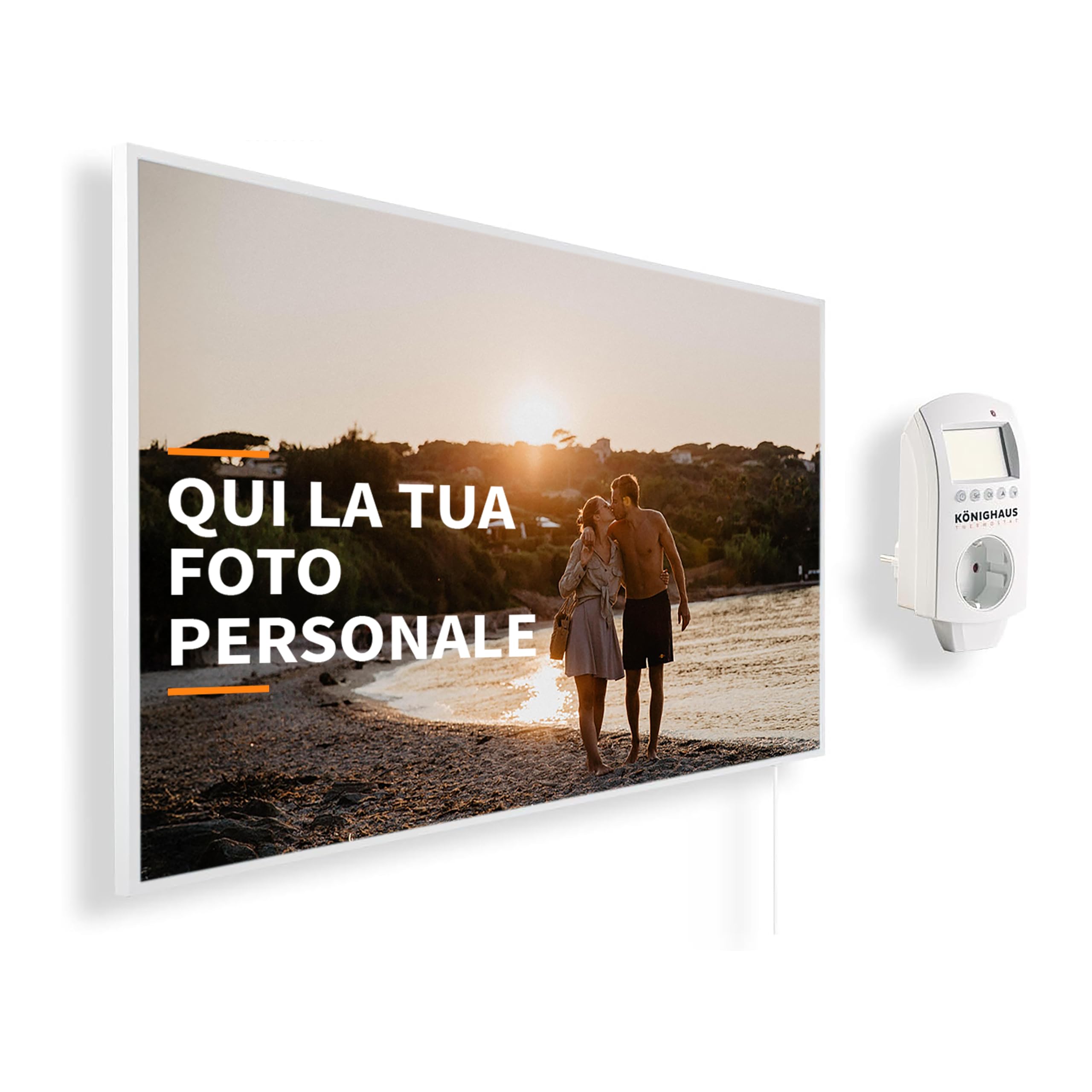 Könighaus Riscaldatore a infrarossi con foto & immagine personale – TÜV SÜD & 5 anni di garanzia – Made in Germany (caricate il vostro motivo) (800W - cornice bianca) - termostato incluso