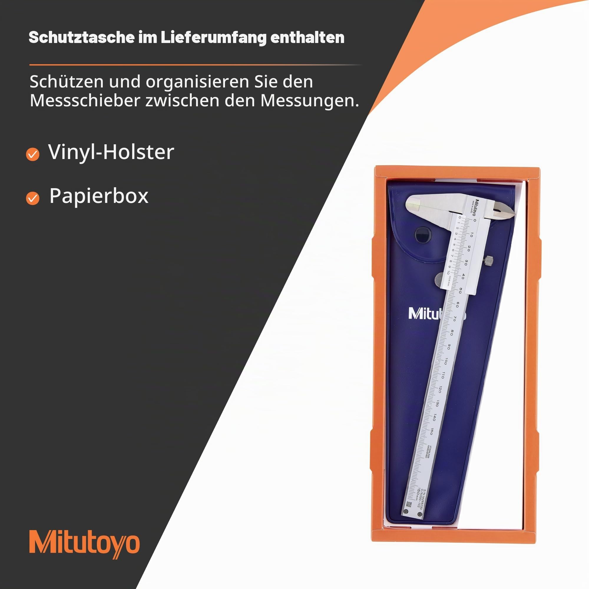 Mitutoyo 530-102 Standard-Nonius Messschieber, 0-150 mm | 0,05 mm, mechanische Ablesung, rundes Tiefenmaß, robust