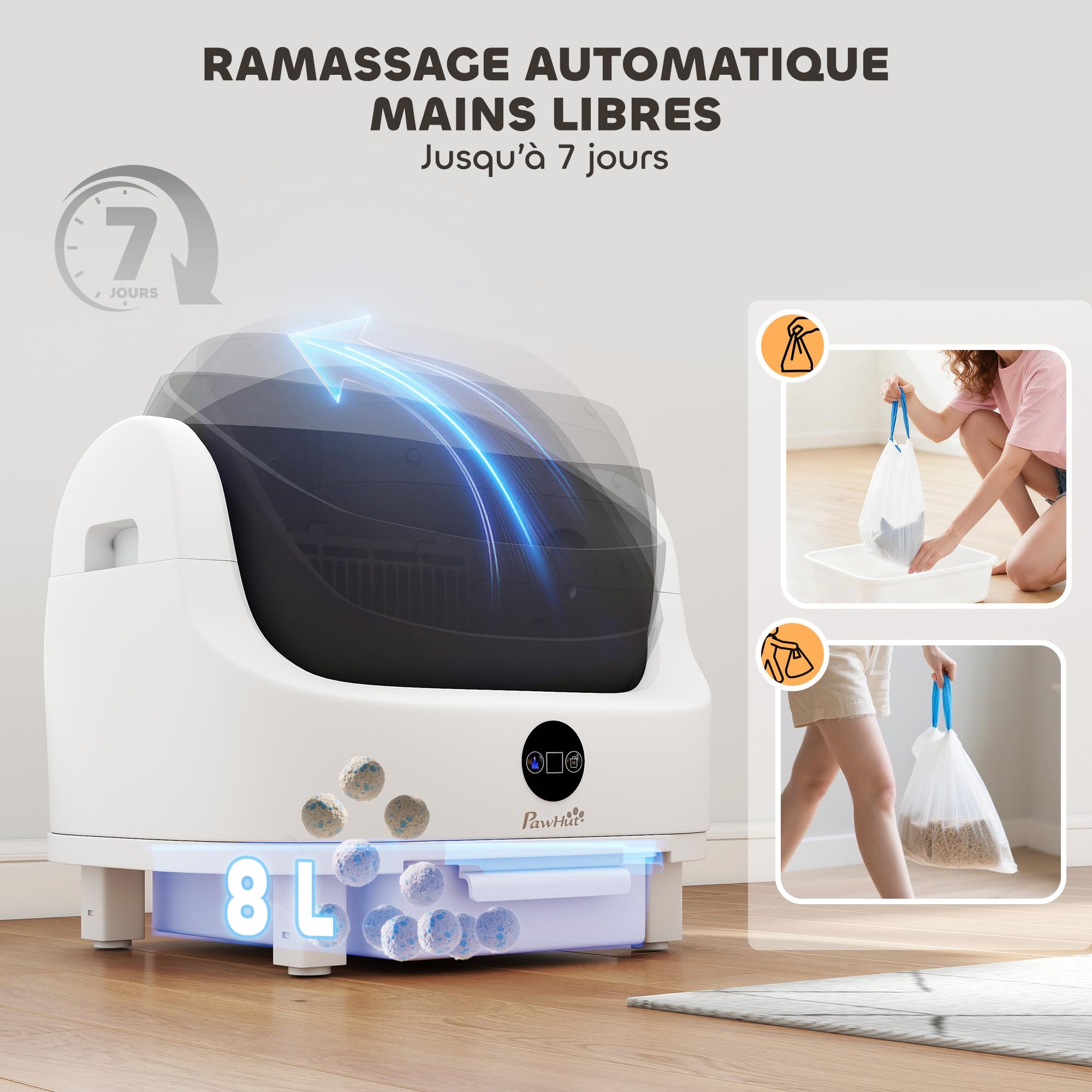 PawHut Litière Chat Autonettoyante Ouvert, pour Plusieurs Chats Blanc | Bac à Litière pour Chat Automatique, Isolation Odeurs/Protection Sécurité, Sac Poubelle, Grande Poubelle