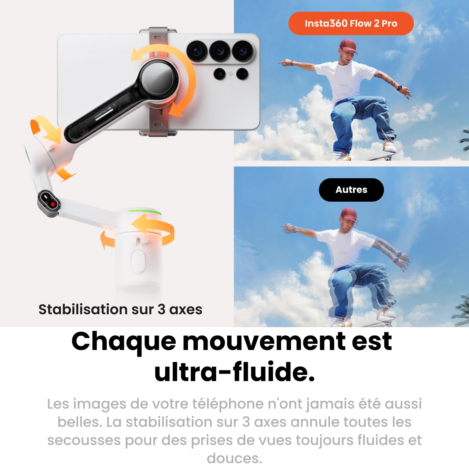 Insta360 Flow 2 Pro Gris - Stabilisateur Smartphone IA avec Suivi natif iPhone, Android, Gimbal avec Suivi à 360°, trépied et Perche à Selfie intégrés, léger et Portable pour vlog et Voyage