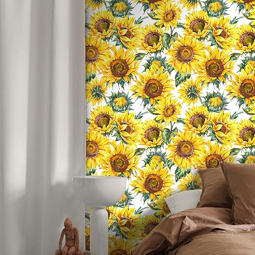 Miniatura 6 de Papel tapiz de girasol para despegar y pegar, papel de contacto floral con plantas amarillas y verdes, papel tapiz extraíble impermeable, papel