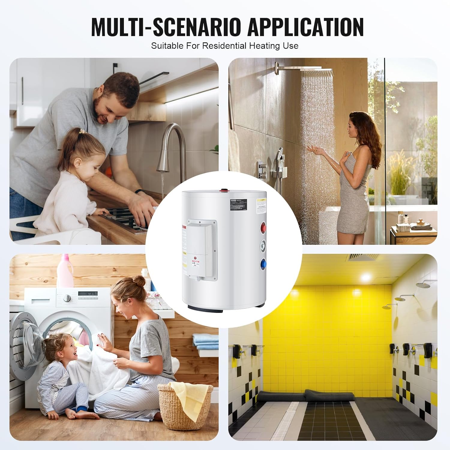 VEVOR 10 Gallon Electric Water Heater, Hot Water Heater 1600W, w/LED Display, Knob Control, IPX4 Waterproof, Side Connection On-Demand Heaters for Shower, Bath