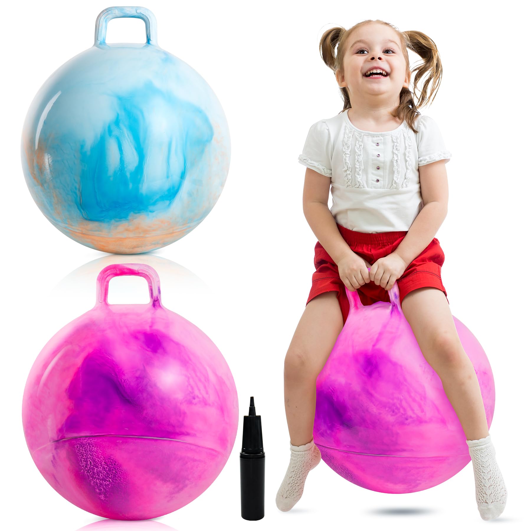 Upper Rider 2 Pack Clouds Hopper Ball for Kids, 18 Inch Bouncy Balls with Handle, Inflatable Hopping Toys for Boys and Girls Ages 3-8, Blue & Purple Pink Balls with Pump and Gift Boxes