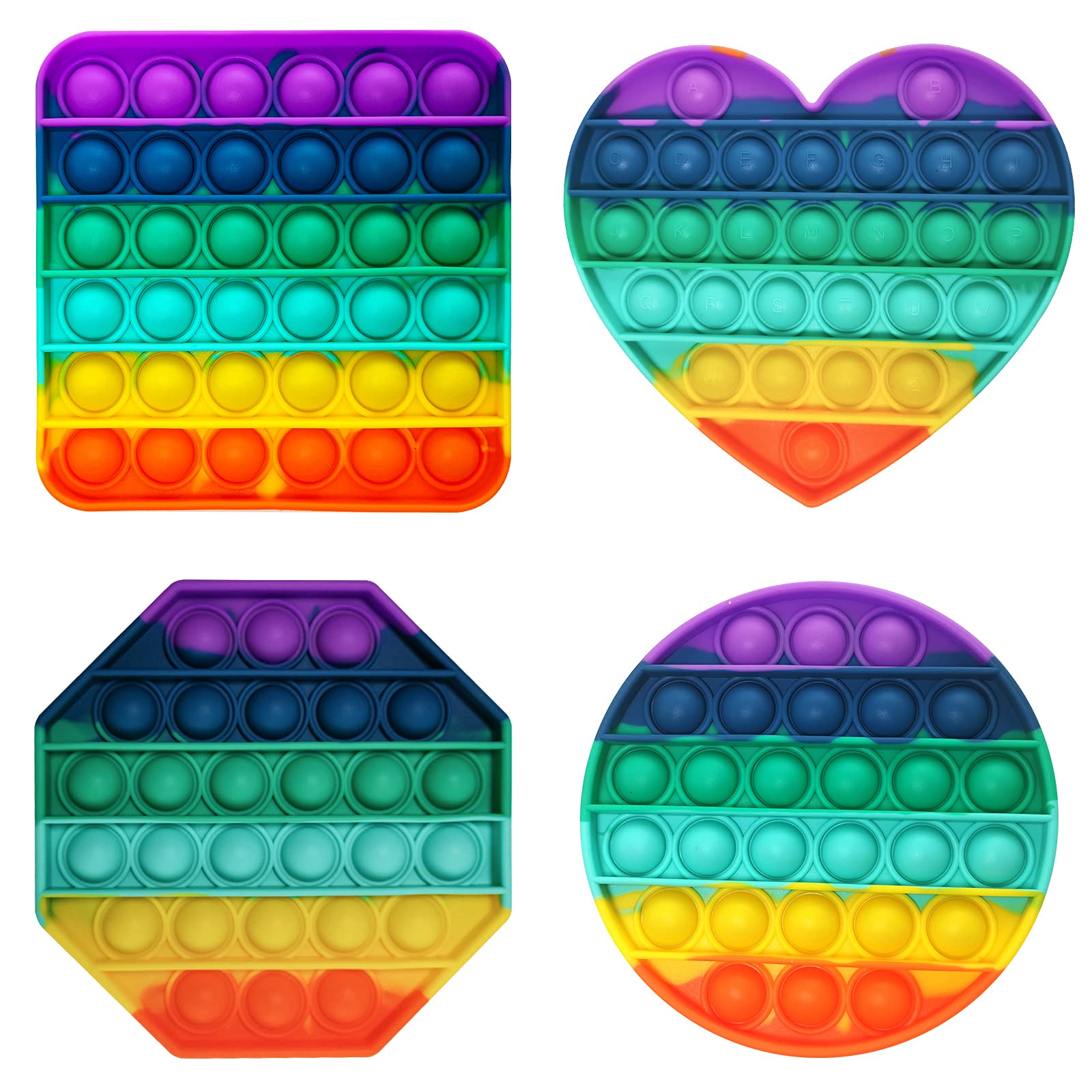 BLISSCO Pop it Pack of 4 Fidget Popper Kids & Adults Pop it Fidget Toys Square Round Heart Octagon shapes 4 Pack edition, Pack