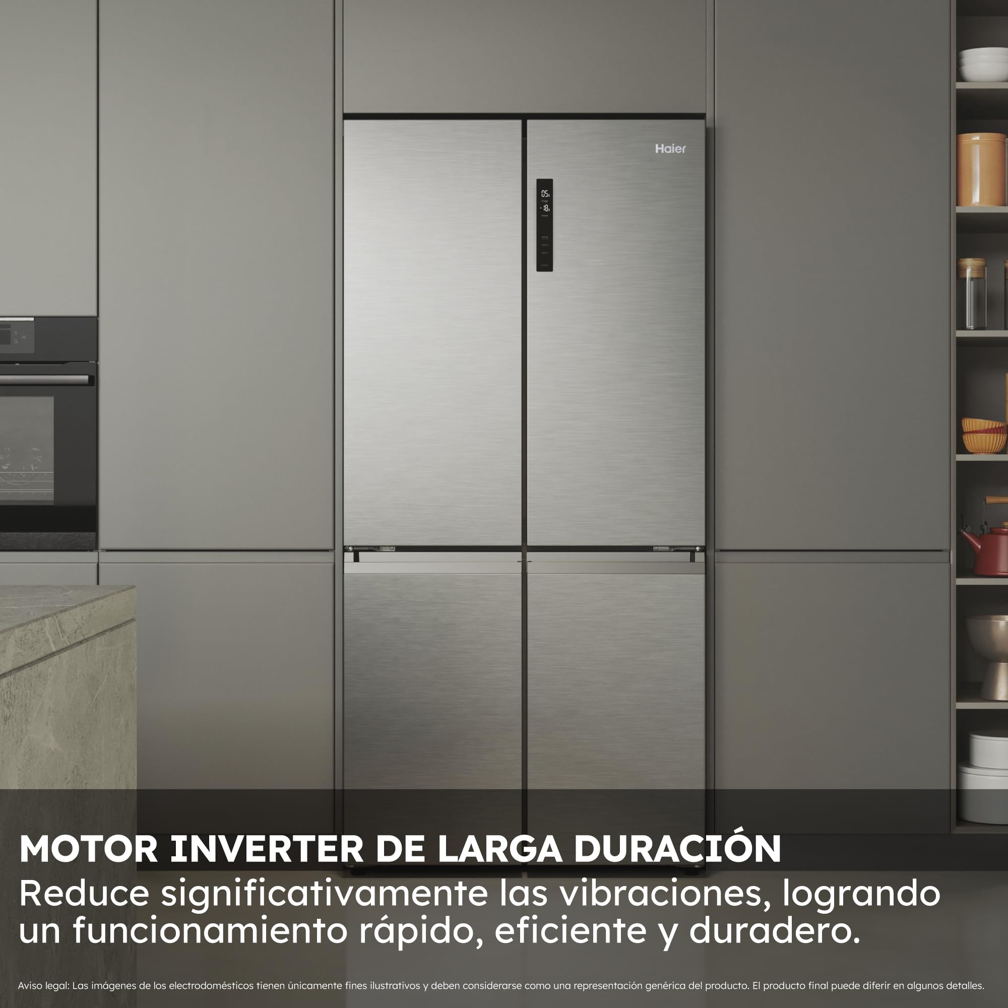 Haier Cube 90 Series 5 HCR5919ENMP Frigorífico 4 Puertas, Capacidad XXL 528L, Motor Inverter, My Zone, Cajón Humidity Zone,Total No Frost, Ancho 90,8cm, Funciones Especiales, Iluminación LED, Inox