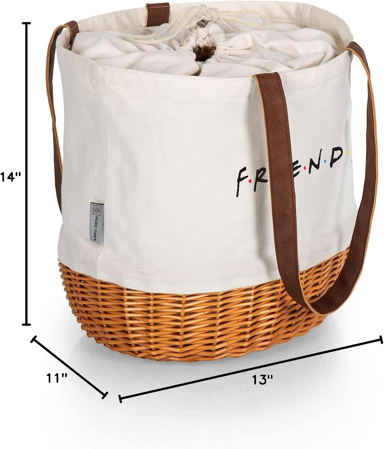 PICNIC TIME Friends Coronado Canvas and Willow Basket Tote Picnic Bag with Drawstring Closure and Durable Handles, Beach and Market Tote for Everyday Carry, (Beige Canvas)