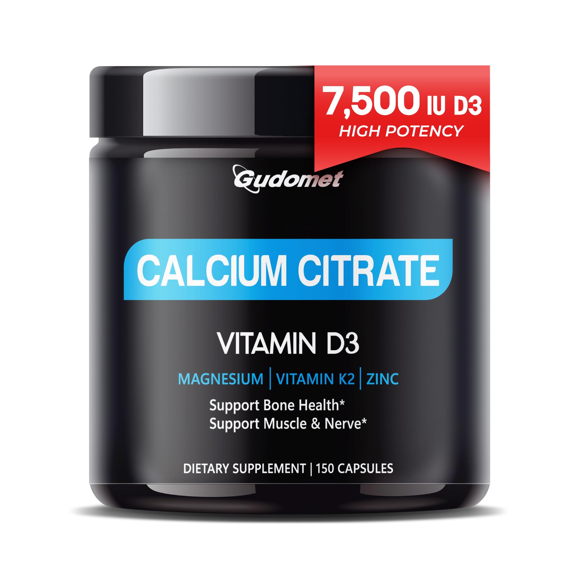 Calcium Citrate with D3 7500 IU, K2, Magnesium & Zinc, 150 Capsules 150 count (pack of 1)_